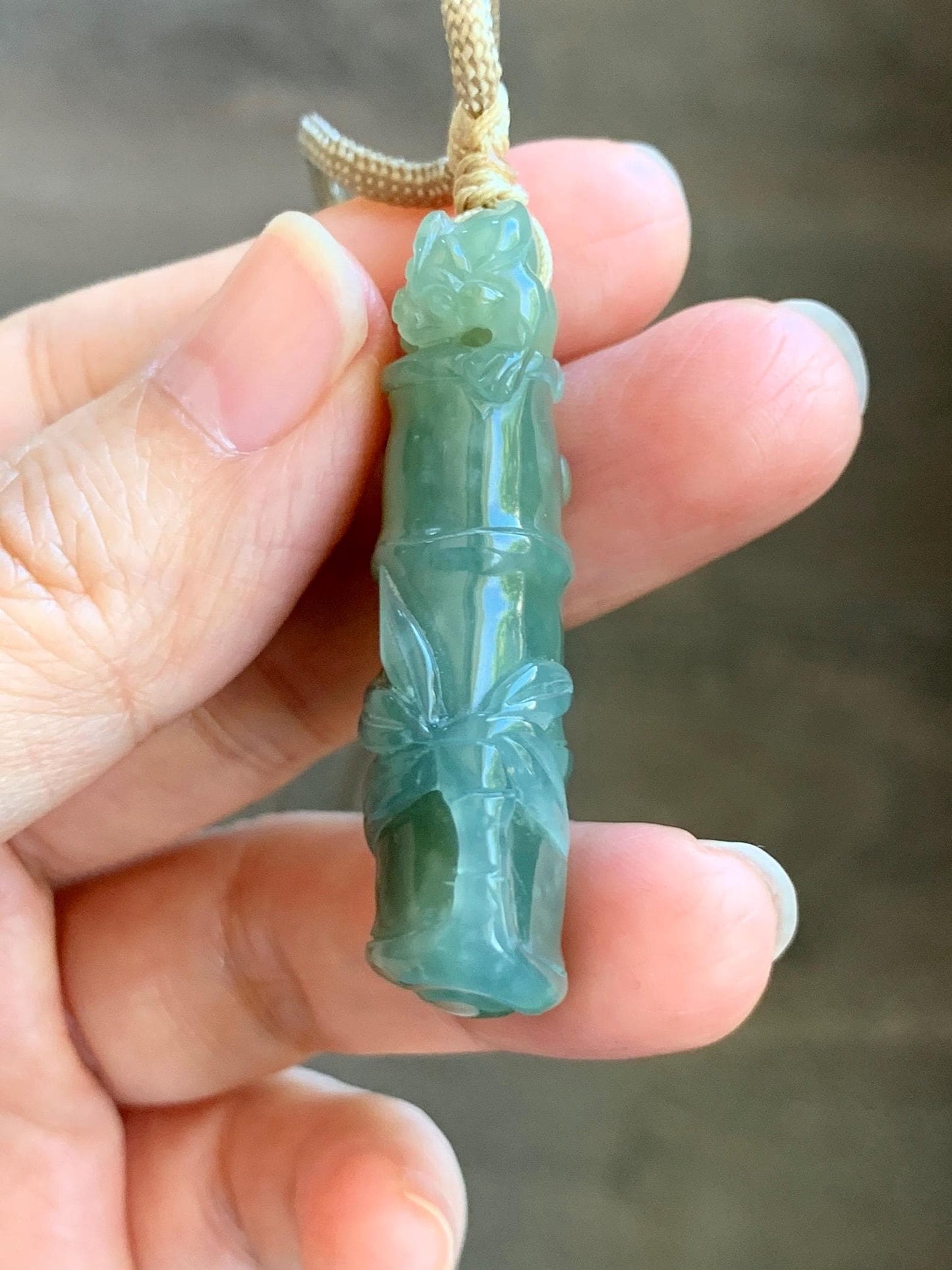 Natural Grade A Guatemalan Icy Translucent Dusty Blue Yellow Bicolored Jade Jadeite Bamboo Pixiu Pendant Rope Necklace 天然冰危黄蓝翡翠竹节貔貅吊坠 WZP110
