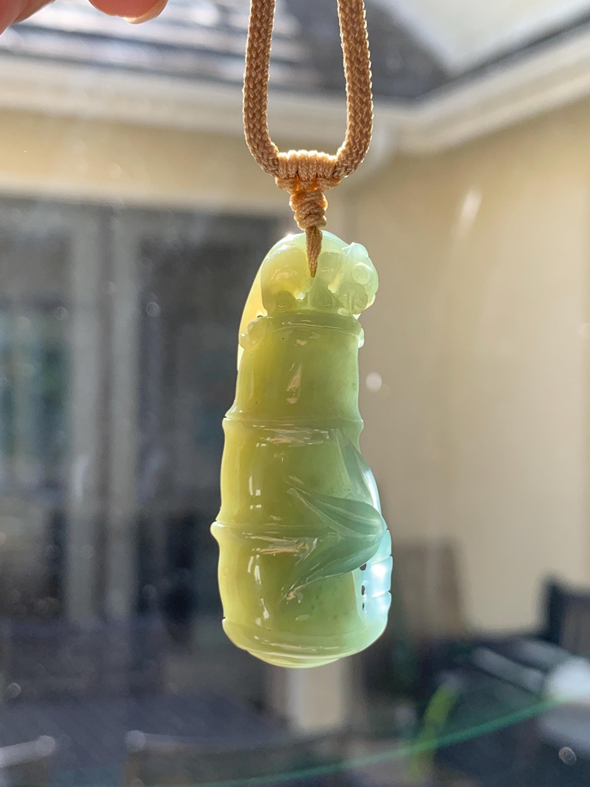 Natural Grade A Guatemalan Icy Translucent Dusty Blue Yellow Bicolored Jade Jadeite Bamboo Pixiu Pendant Rope Necklace 天然冰危黄蓝翡翠竹节貔貅吊坠 WZP110