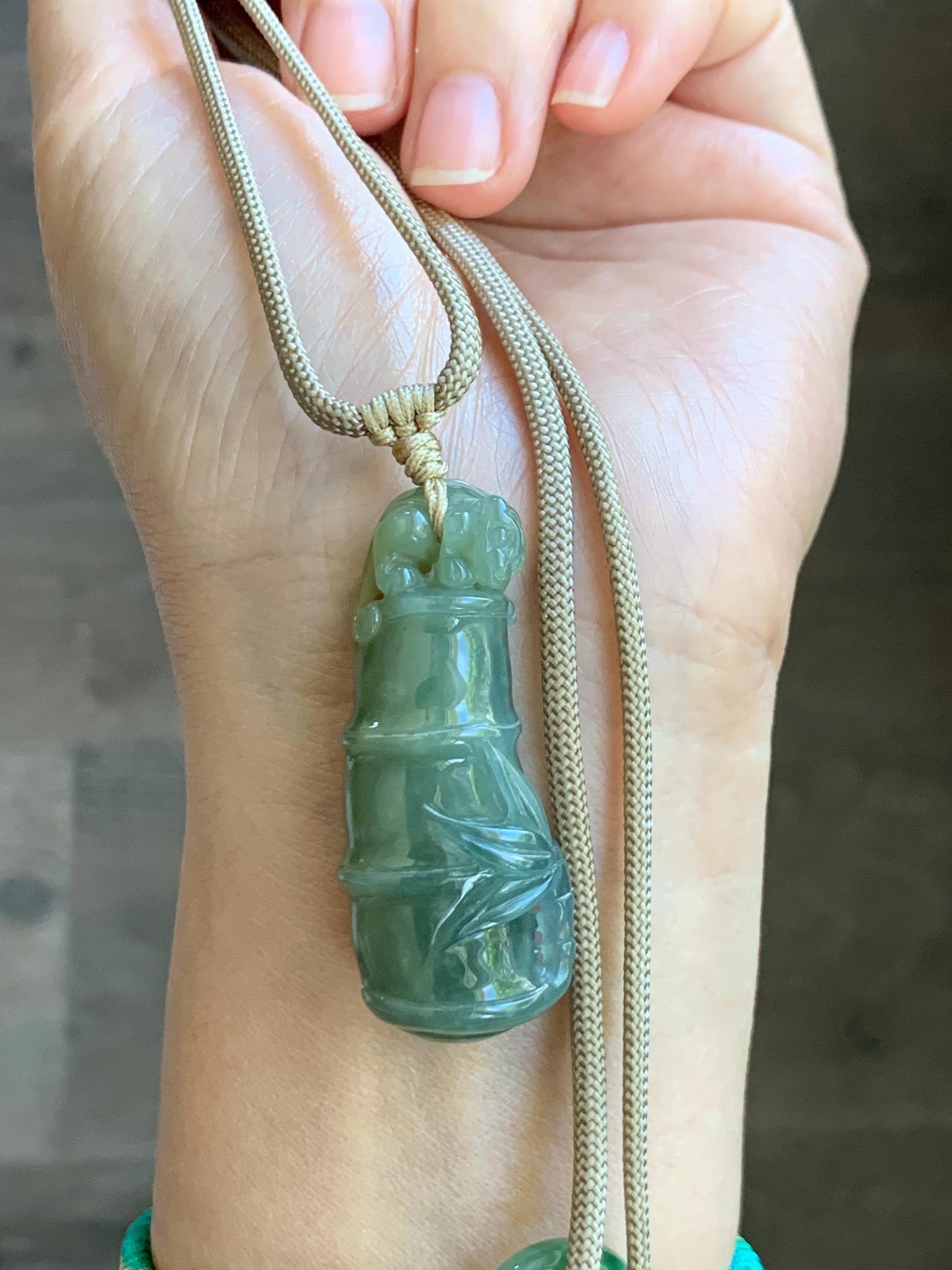 Natural Grade A Guatemalan Icy Translucent Dusty Blue Yellow Bicolored Jade Jadeite Bamboo Pixiu Pendant Rope Necklace 天然冰危黄蓝翡翠竹节貔貅吊坠 WZP110