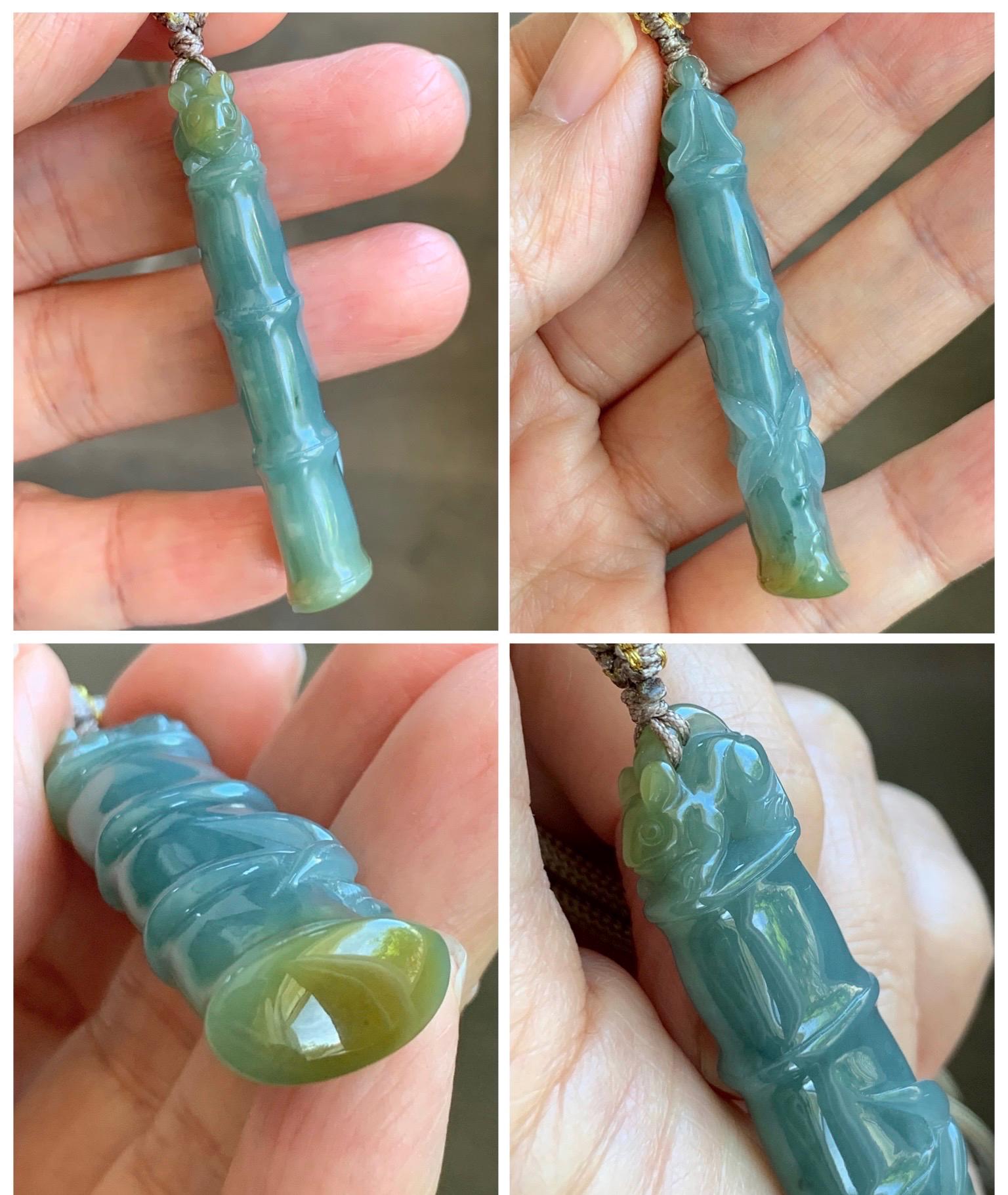 Natural Grade A Guatemalan Icy Translucent Dusty Blue Yellow Bicolored Jade Jadeite Bamboo Mouse Pendant Rope Necklace 天然冰危黄蓝翡翠竹节老鼠吊坠 WZS110