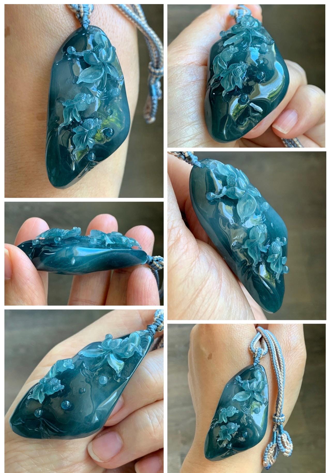 Certified Natural Grade A Guatemalan Icy Translucent Aegean Blue Jade Jadeite Lotus Flower Goldfish Pendant Rope Necklace 天然冰危牛仔蓝翡翠莲花鱼吊坠 448