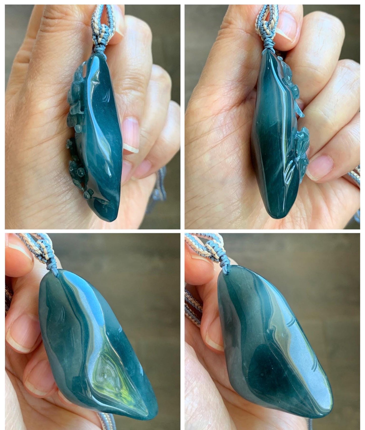 Certified Natural Grade A Guatemalan Icy Translucent Aegean Blue Jade Jadeite Lotus Flower Goldfish Pendant Rope Necklace 天然冰危牛仔蓝翡翠莲花鱼吊坠 448