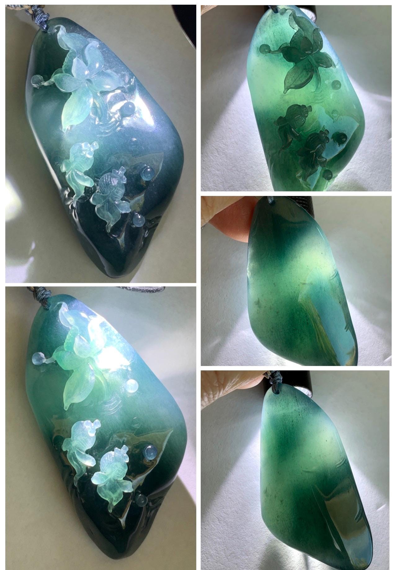 Certified Natural Grade A Guatemalan Icy Translucent Aegean Blue Jade Jadeite Lotus Flower Goldfish Pendant Rope Necklace 天然冰危牛仔蓝翡翠莲花鱼吊坠 448