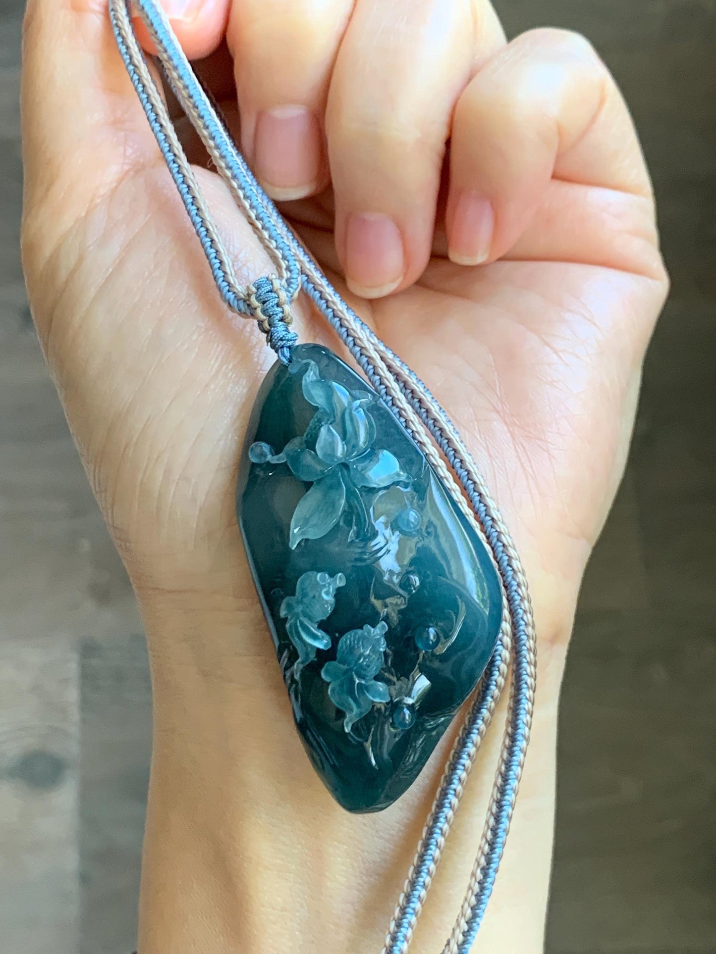 Certified Natural Grade A Guatemalan Icy Translucent Aegean Blue Jade Jadeite Lotus Flower Goldfish Pendant Rope Necklace 天然冰危牛仔蓝翡翠莲花鱼吊坠 448