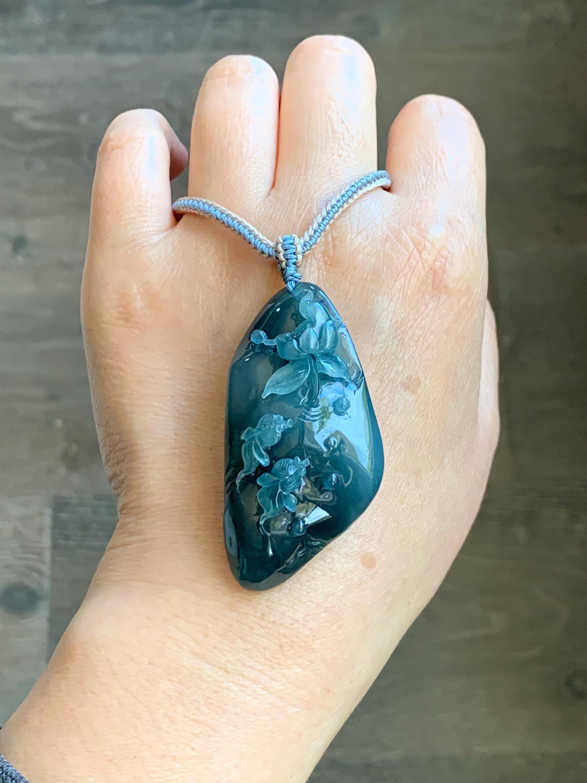 Certified Natural Grade A Guatemalan Icy Translucent Aegean Blue Jade Jadeite Lotus Flower Goldfish Pendant Rope Necklace 天然冰危牛仔蓝翡翠莲花鱼吊坠 448