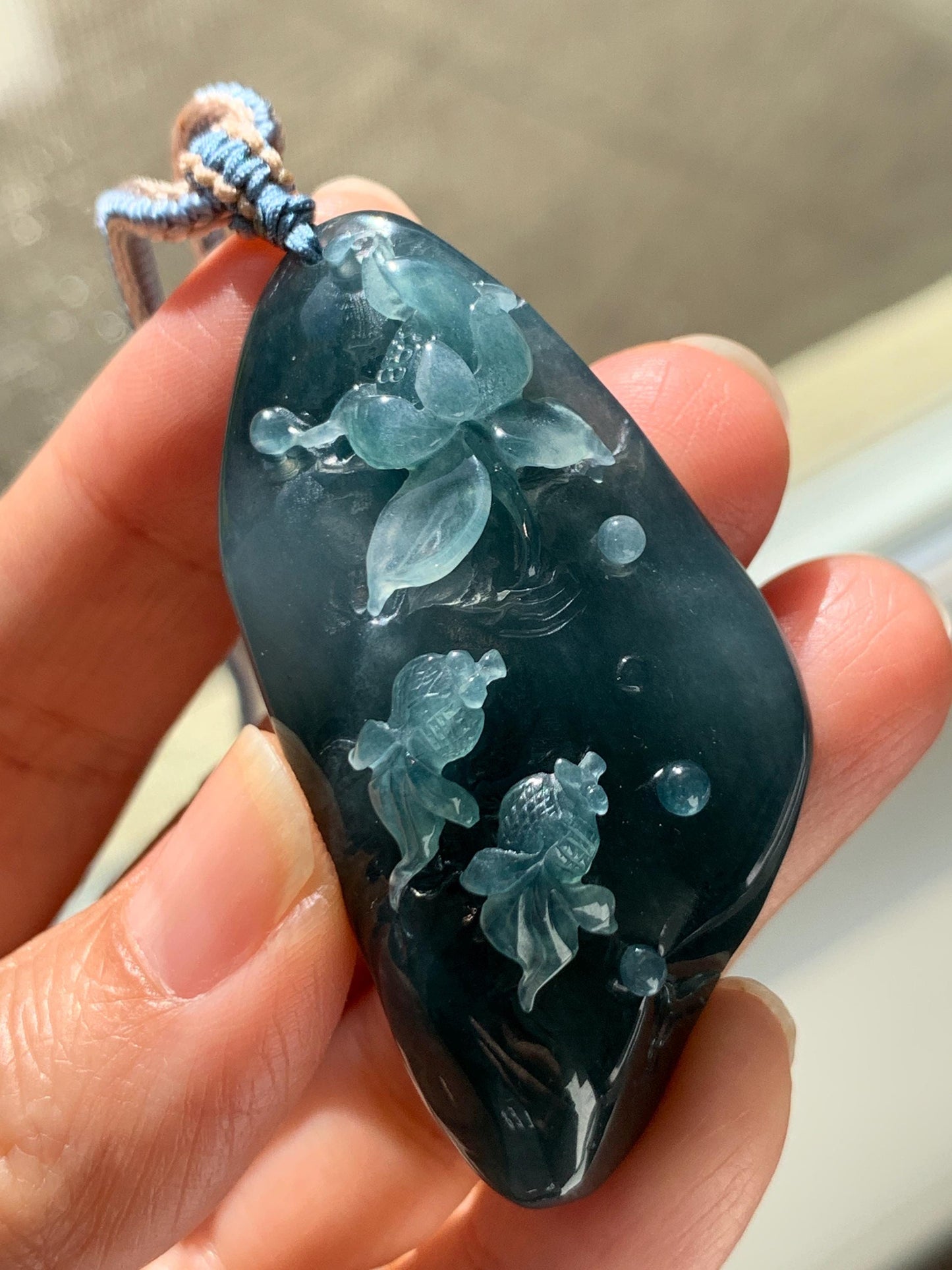Certified Natural Grade A Guatemalan Icy Translucent Aegean Blue Jade Jadeite Lotus Flower Goldfish Pendant Rope Necklace 天然冰危牛仔蓝翡翠莲花鱼吊坠 448