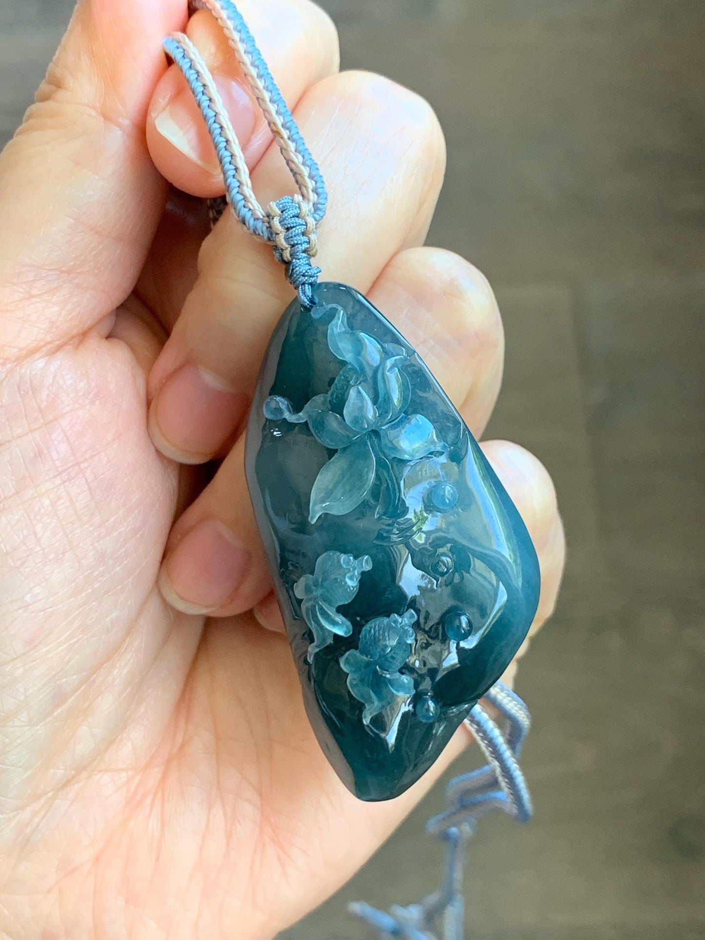 Certified Natural Grade A Guatemalan Icy Translucent Aegean Blue Jade Jadeite Lotus Flower Goldfish Pendant Rope Necklace 天然冰危牛仔蓝翡翠莲花鱼吊坠 448