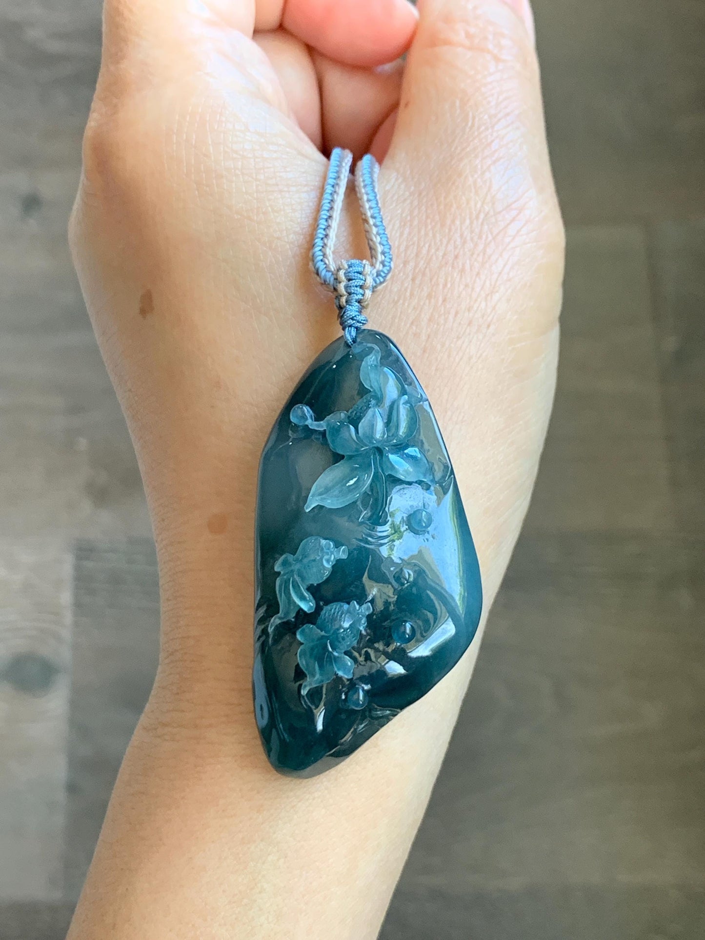 Certified Natural Grade A Guatemalan Icy Translucent Aegean Blue Jade Jadeite Lotus Flower Goldfish Pendant Rope Necklace 天然冰危牛仔蓝翡翠莲花鱼吊坠 448