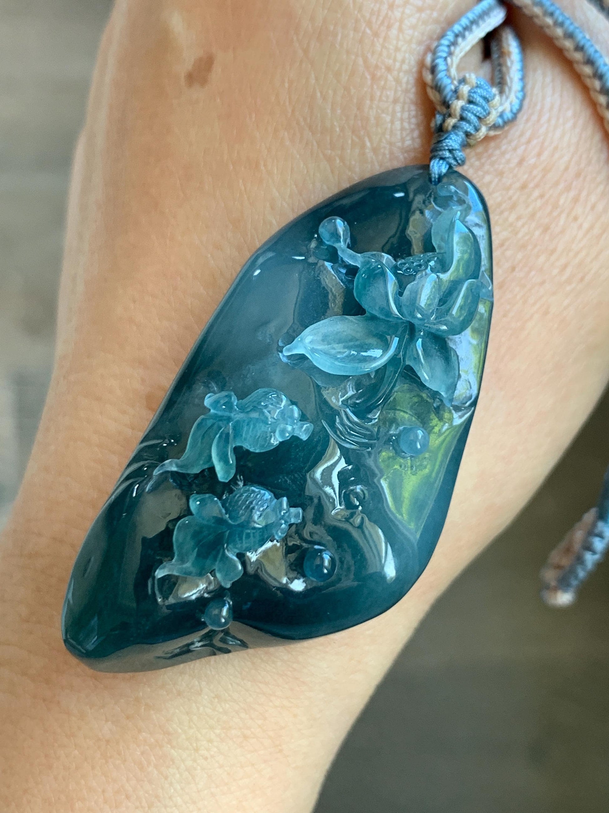 Certified Natural Grade A Guatemalan Icy Translucent Aegean Blue Jade Jadeite Lotus Flower Goldfish Pendant Rope Necklace 天然冰危牛仔蓝翡翠莲花鱼吊坠 448
