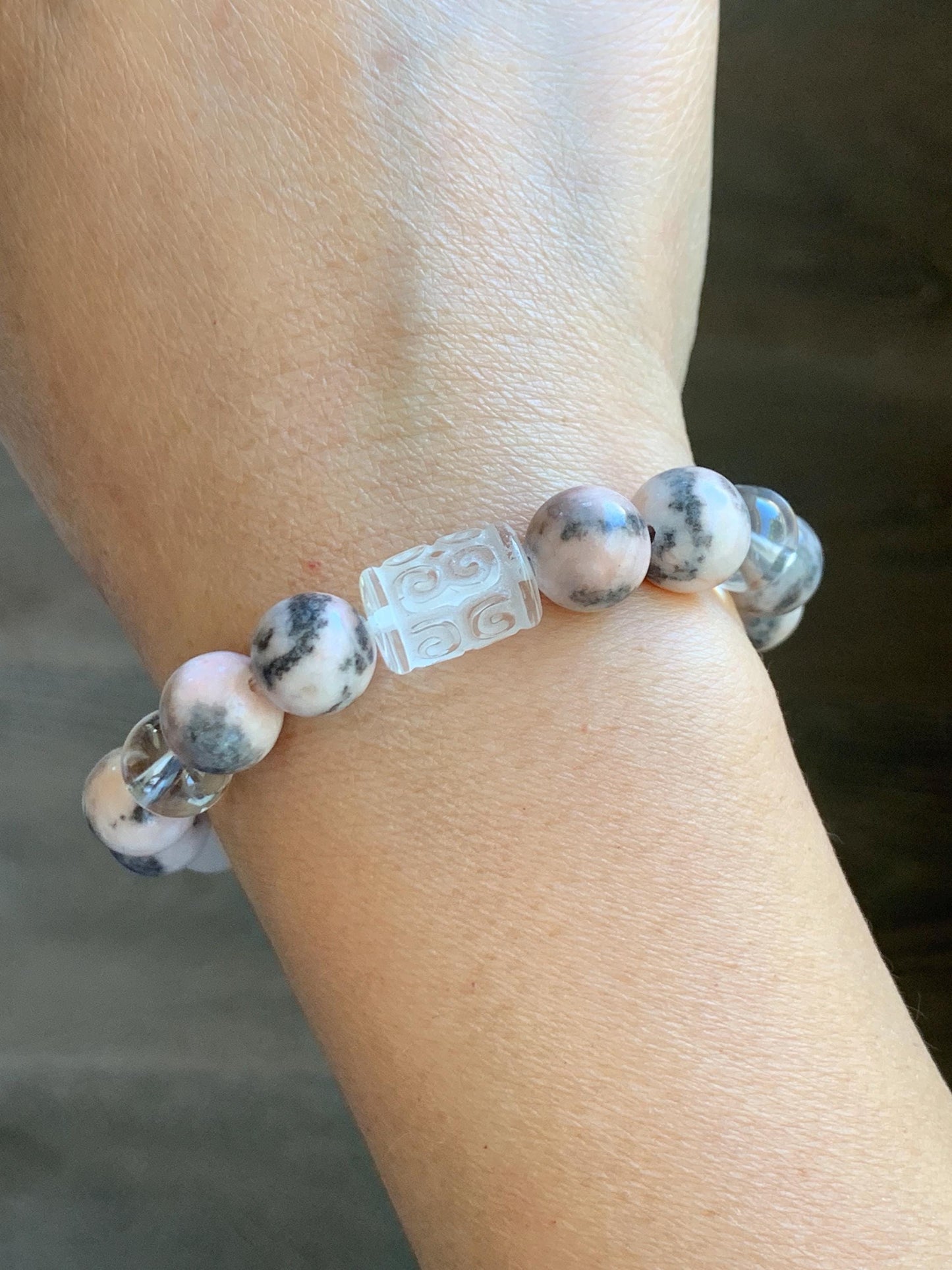 Natural Rose Quartz Pink Zebra Jasper Beaded Healing Bracelet Sterling Silver Natural Freshwater Pearls 10mm 7” 31g 天然水晶粉斑马碧玉珍珠能量手串 FJM80