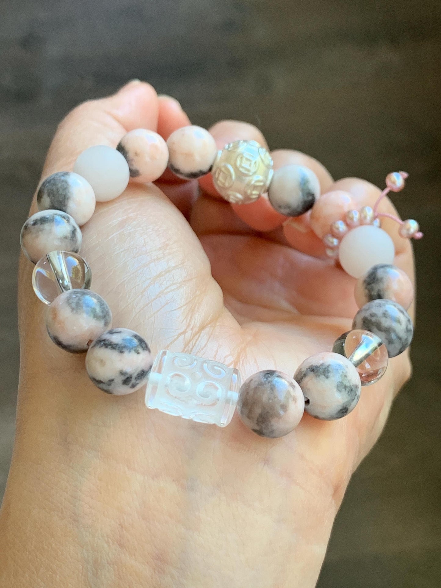 Natural Rose Quartz Pink Zebra Jasper Beaded Healing Bracelet Sterling Silver Natural Freshwater Pearls 10mm 7” 31g 天然水晶粉斑马碧玉珍珠能量手串 FJM80