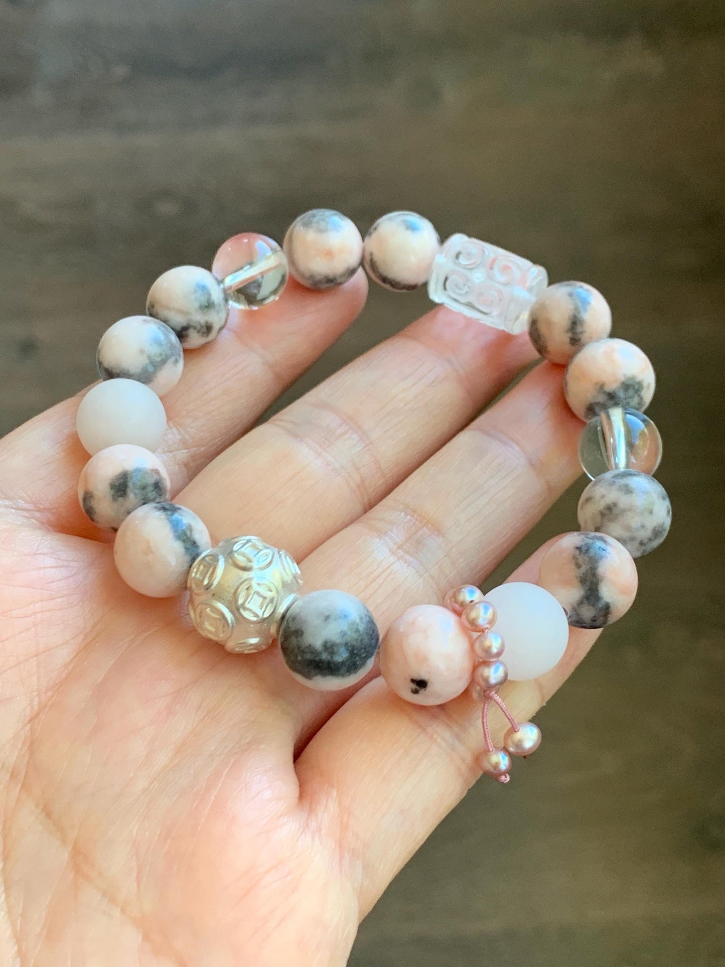 Natural Rose Quartz Pink Zebra Jasper Beaded Healing Bracelet Sterling Silver Natural Freshwater Pearls 10mm 7” 31g 天然水晶粉斑马碧玉珍珠能量手串 FJM80