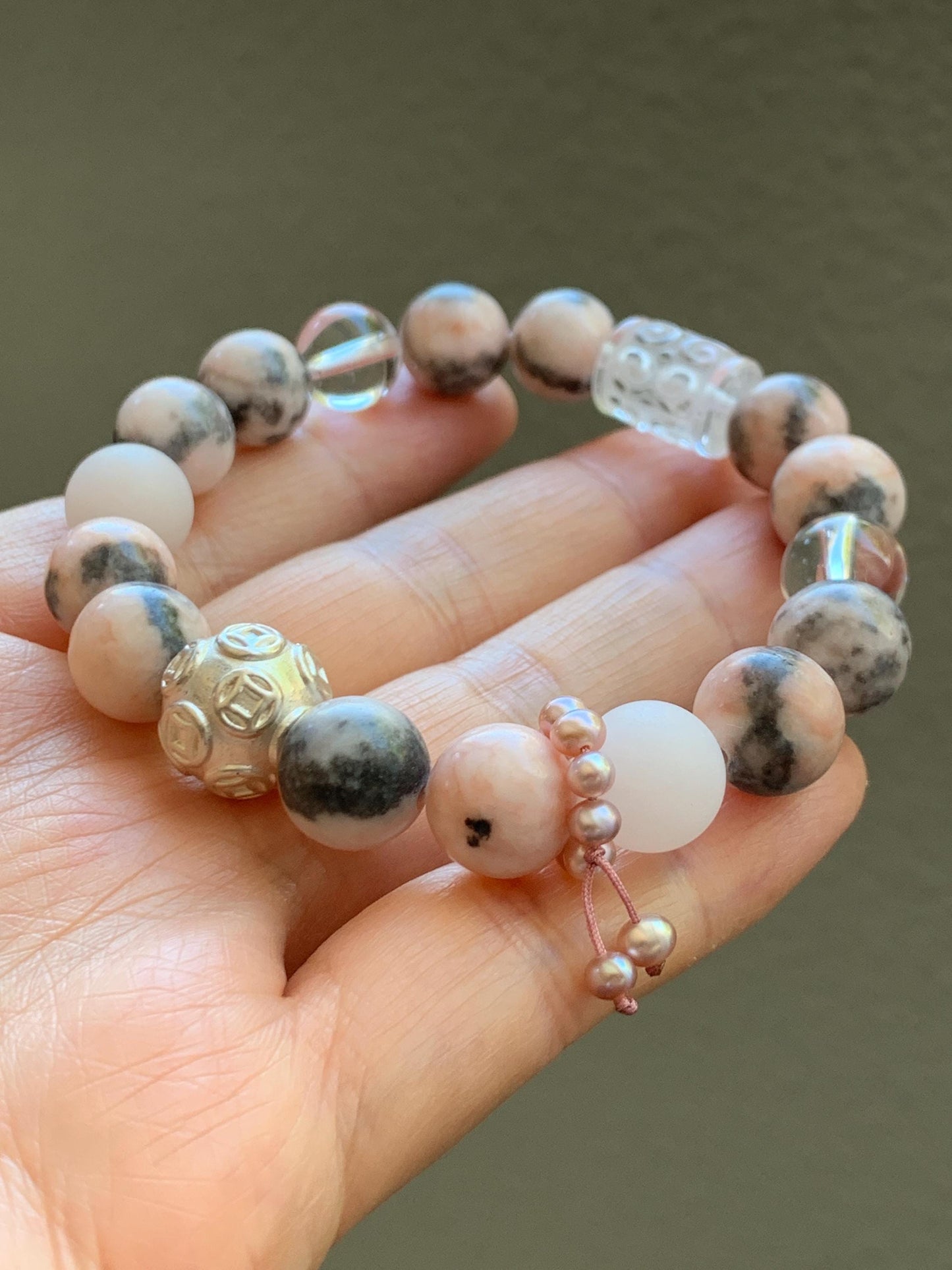 Natural Rose Quartz Pink Zebra Jasper Beaded Healing Bracelet Sterling Silver Natural Freshwater Pearls 10mm 7” 31g 天然水晶粉斑马碧玉珍珠能量手串 FJM80
