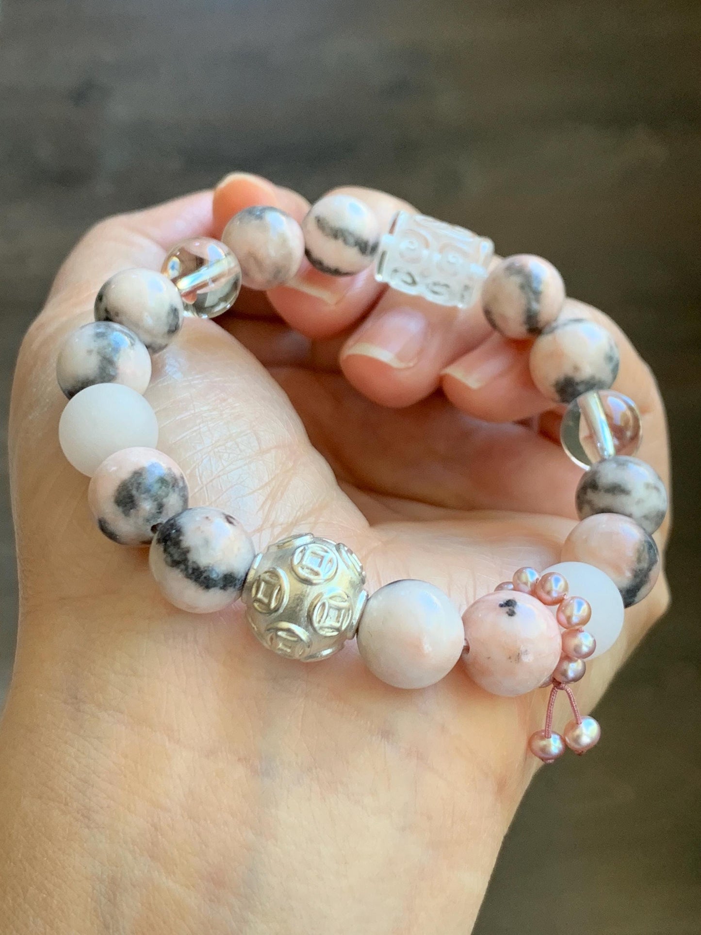 Natural Rose Quartz Pink Zebra Jasper Beaded Healing Bracelet Sterling Silver Natural Freshwater Pearls 10mm 7” 31g 天然水晶粉斑马碧玉珍珠能量手串 FJM80