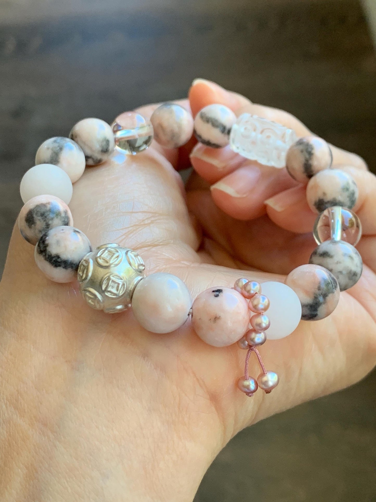 Natural Rose Quartz Pink Zebra Jasper Beaded Healing Bracelet Sterling Silver Natural Freshwater Pearls 10mm 7” 31g 天然水晶粉斑马碧玉珍珠能量手串 FJM80