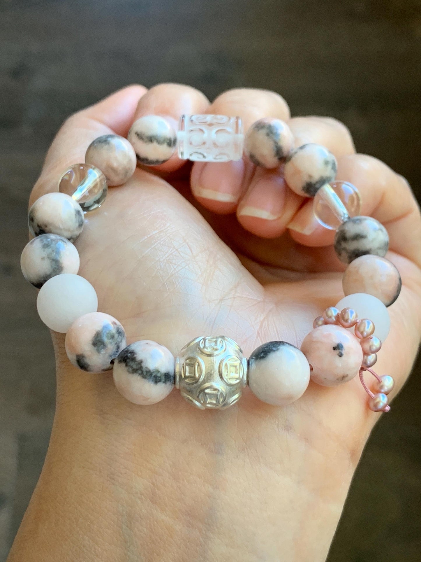 Natural Rose Quartz Pink Zebra Jasper Beaded Healing Bracelet Sterling Silver Natural Freshwater Pearls 10mm 7” 31g 天然水晶粉斑马碧玉珍珠能量手串 FJM80