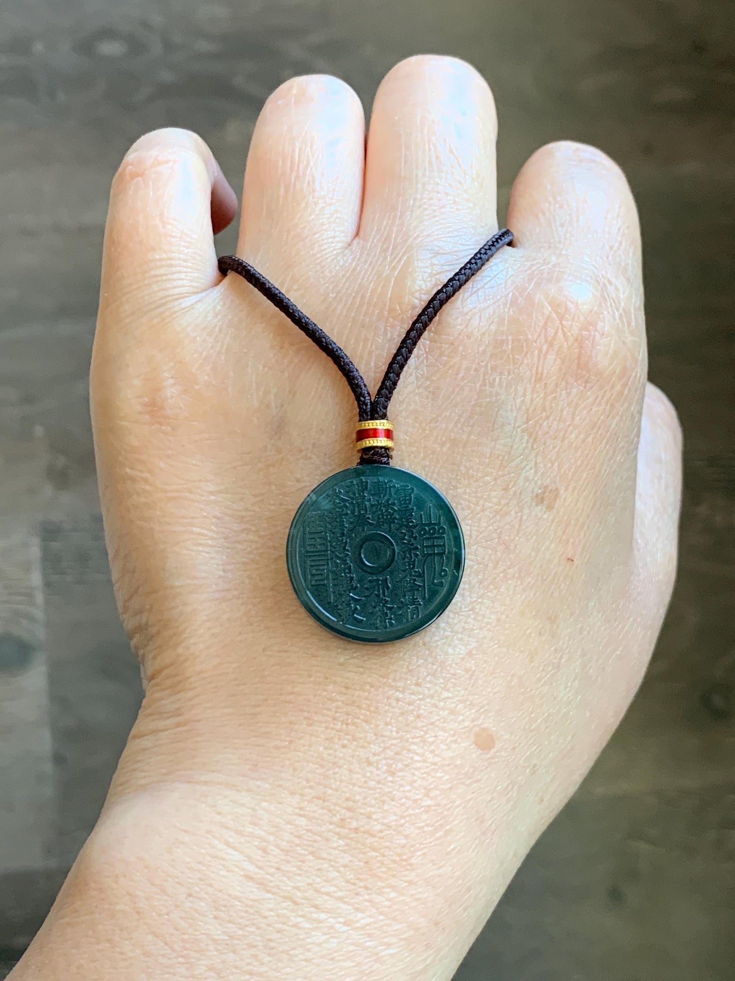 Natural Grade A Guatemalan Icy Dark Teal Blue Jade Jadeite Mountain Ghost Eight Trigrams Coin Pendant Rope Necklace 天然冰危蓝绿翡翠精工山鬼币吊坠 WSGA