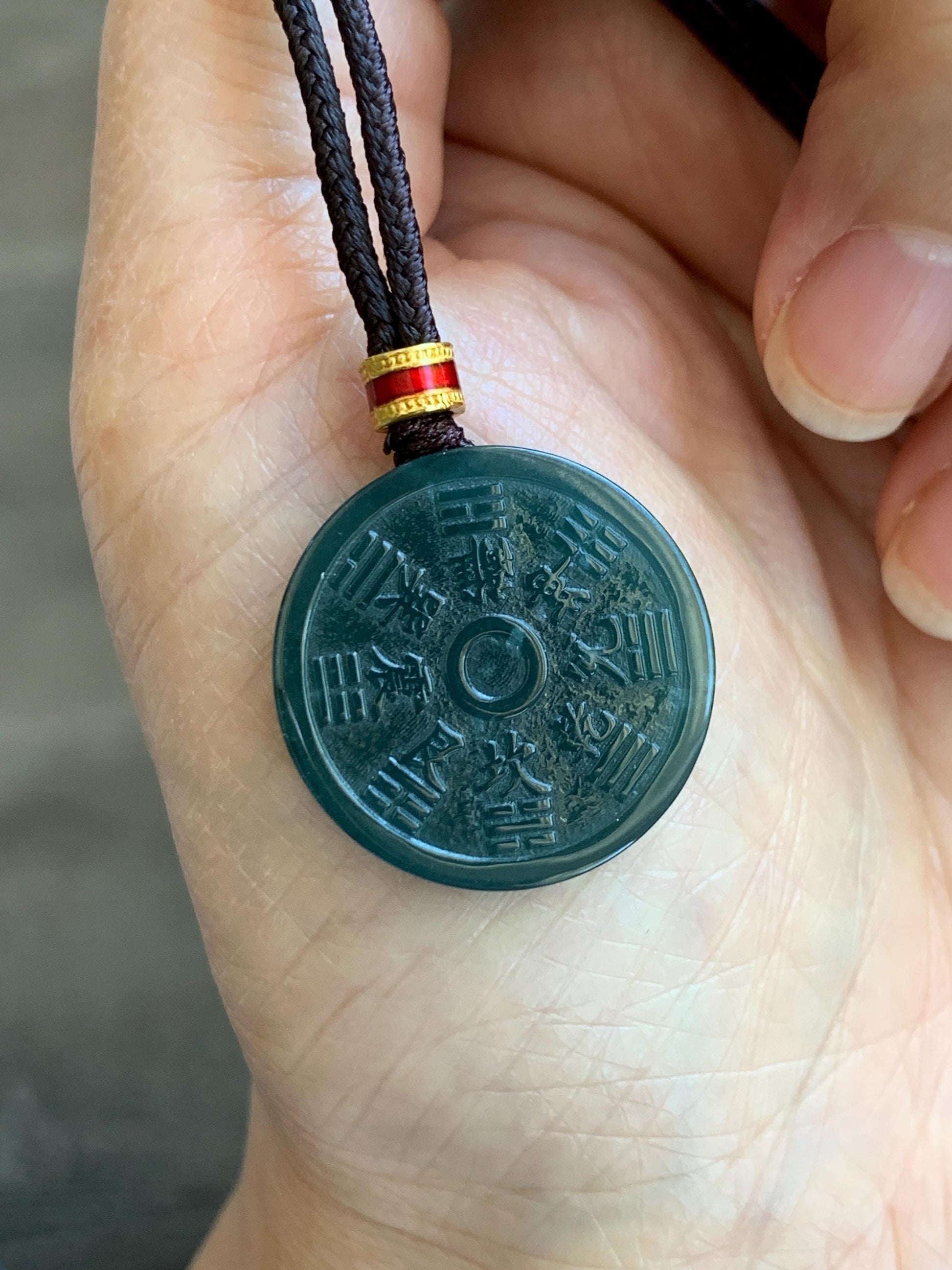 Natural Grade A Guatemalan Icy Dark Teal Blue Jade Jadeite Mountain Ghost Eight Trigrams Coin Pendant Rope Necklace 天然冰危蓝绿翡翠精工山鬼币吊坠 WSGA