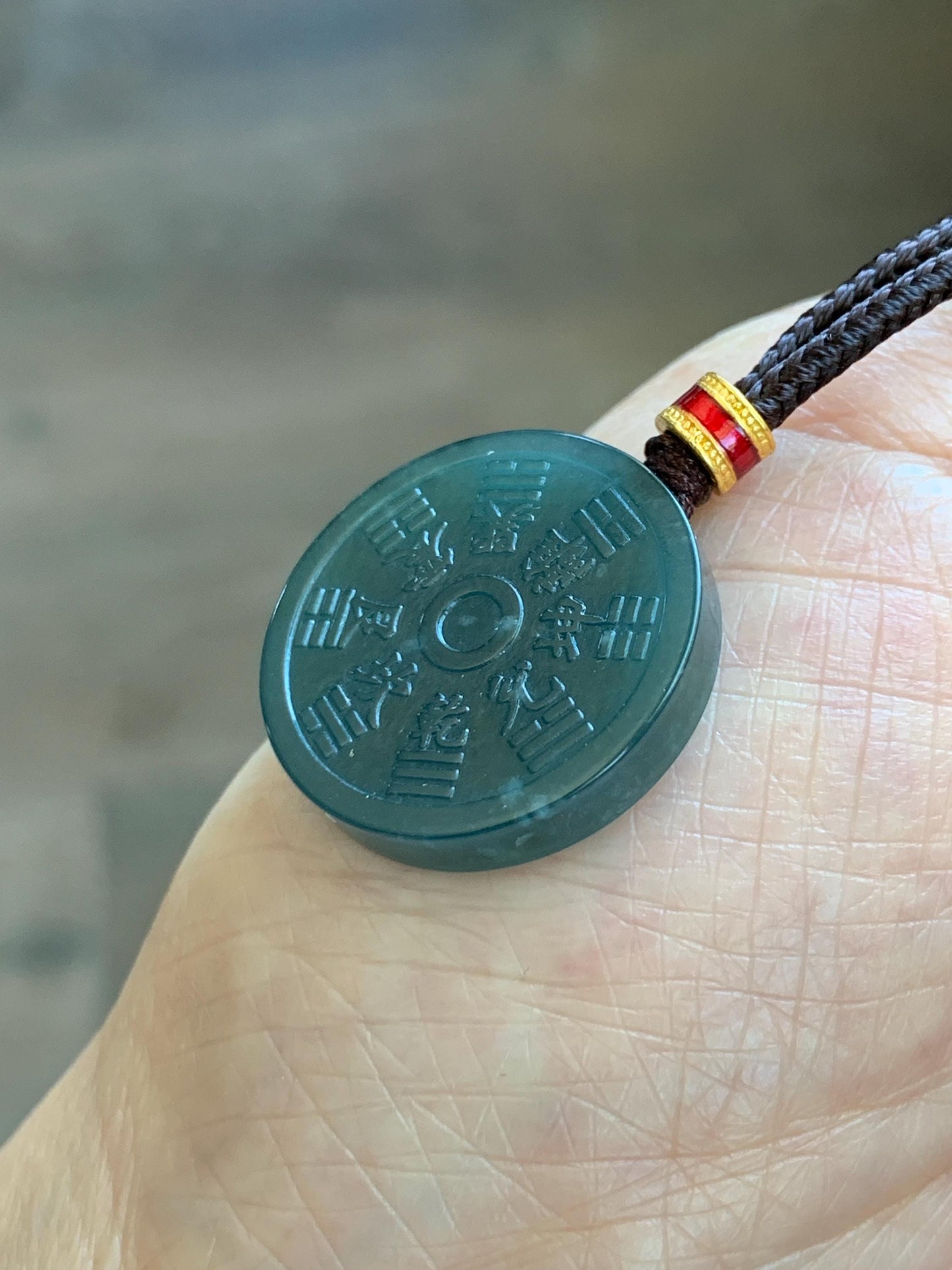 Natural Grade A Guatemalan Icy Dark Teal Blue Jade Jadeite Mountain Ghost Eight Trigrams Coin Pendant Rope Necklace 天然冰危蓝绿翡翠精工山鬼币吊坠 WSGA
