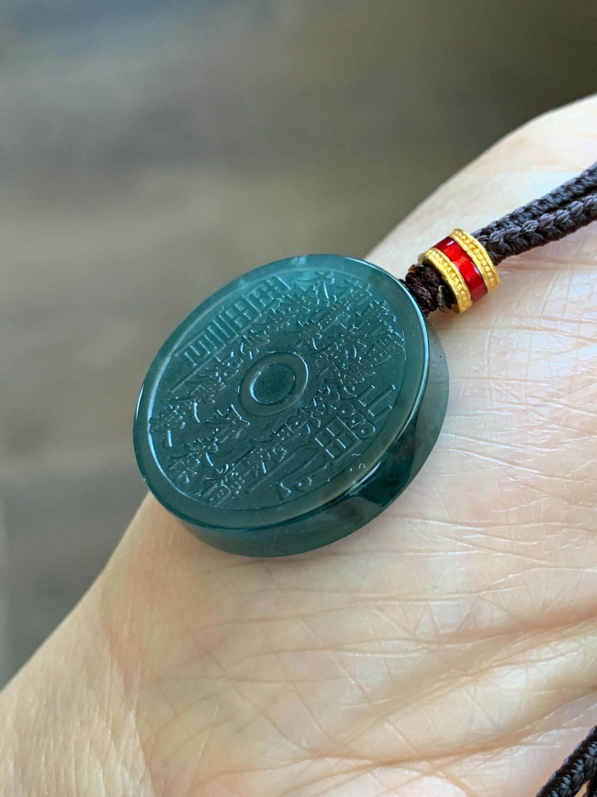 Natural Grade A Guatemalan Icy Dark Teal Blue Jade Jadeite Mountain Ghost Eight Trigrams Coin Pendant Rope Necklace 天然冰危蓝绿翡翠精工山鬼币吊坠 WSGA