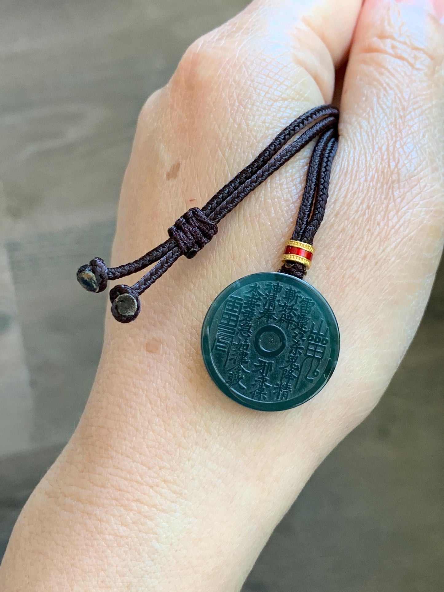 Natural Grade A Guatemalan Icy Dark Teal Blue Jade Jadeite Mountain Ghost Eight Trigrams Coin Pendant Rope Necklace 天然冰危蓝绿翡翠精工山鬼币吊坠 WSGA