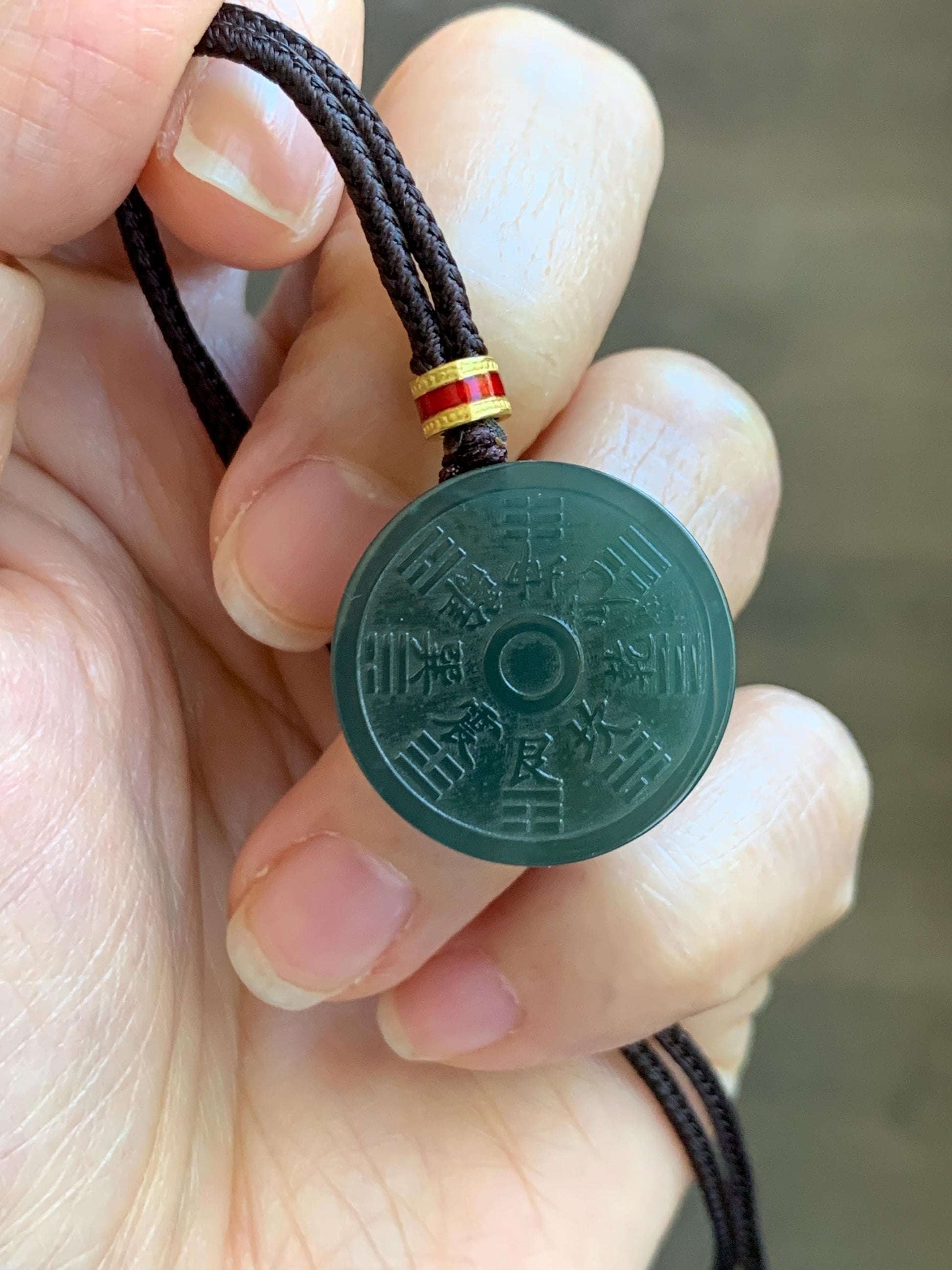 Natural Grade A Guatemalan Icy Dark Teal Blue Jade Jadeite Mountain Ghost Eight Trigrams Coin Pendant Rope Necklace 天然冰危蓝绿翡翠精工山鬼币吊坠 WSGB