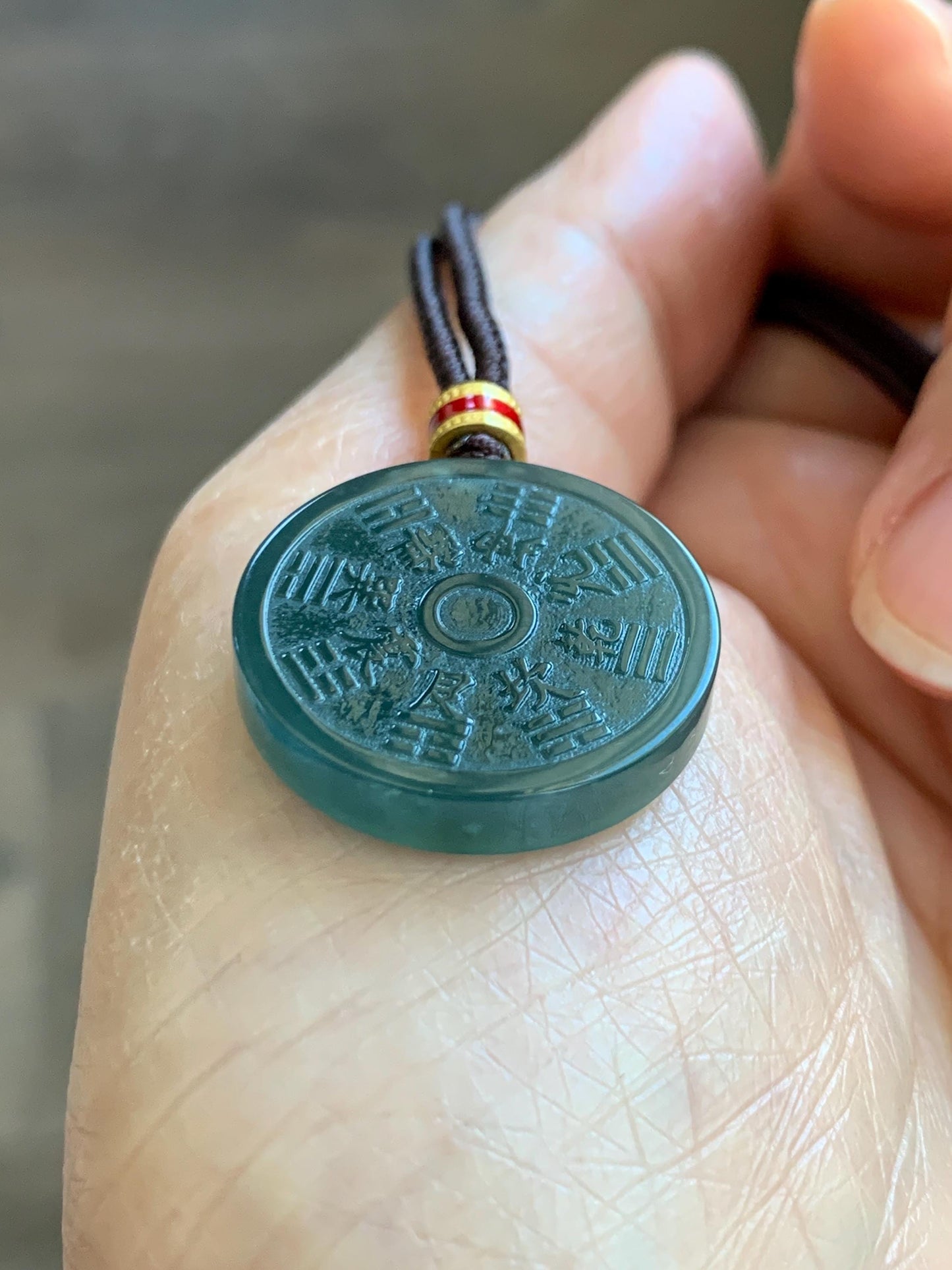 Natural Grade A Guatemalan Icy Dark Teal Blue Jade Jadeite Mountain Ghost Eight Trigrams Coin Pendant Rope Necklace 天然冰危蓝绿翡翠精工山鬼币吊坠 WSGB