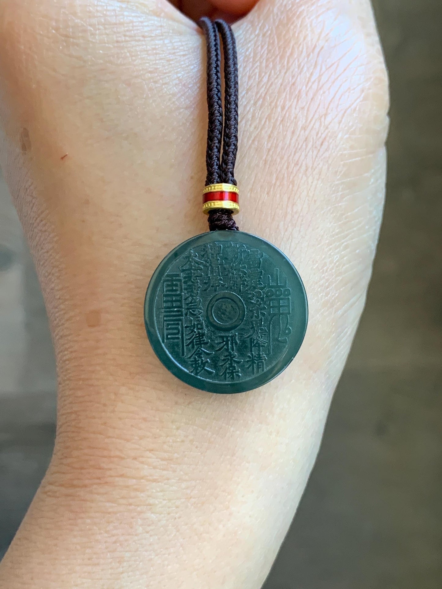 Natural Grade A Guatemalan Icy Dark Teal Blue Jade Jadeite Mountain Ghost Eight Trigrams Coin Pendant Rope Necklace 天然冰危蓝绿翡翠精工山鬼币吊坠 WSGB