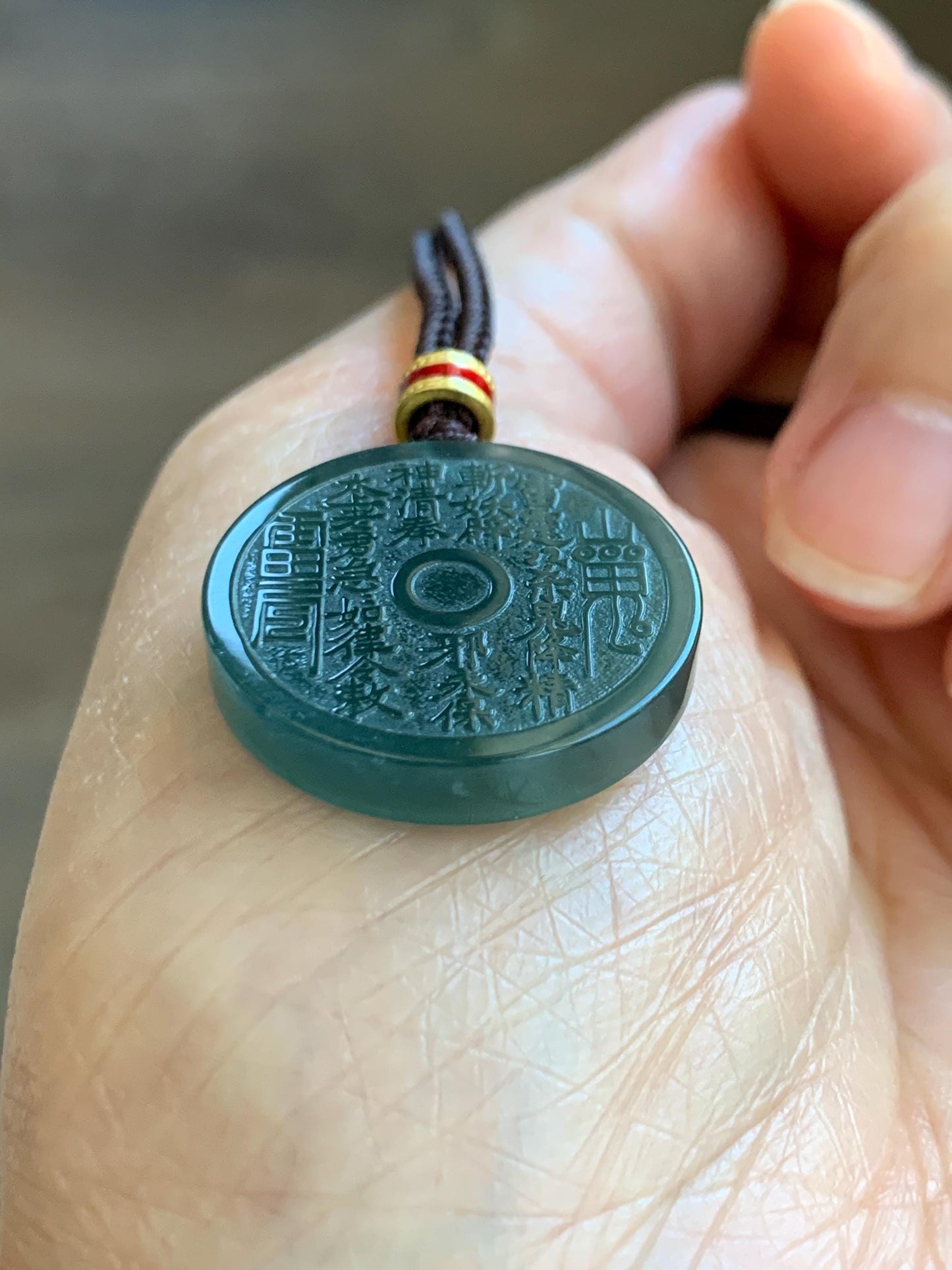 Natural Grade A Guatemalan Icy Dark Teal Blue Jade Jadeite Mountain Ghost Eight Trigrams Coin Pendant Rope Necklace 天然冰危蓝绿翡翠精工山鬼币吊坠 WSGB