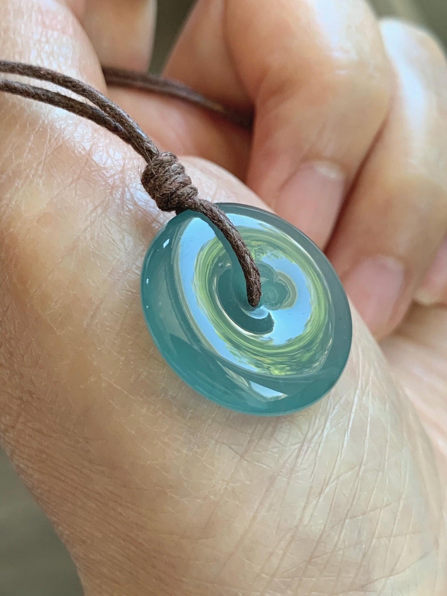 Natural Grade A Guatemalan Icy Highly Translucent Teal Jade Jadeite Ping An Kou Donut Pendant Rope Necklace 24" 6g 天然冰胶危蓝翡翠平安扣吊坠 WTB220