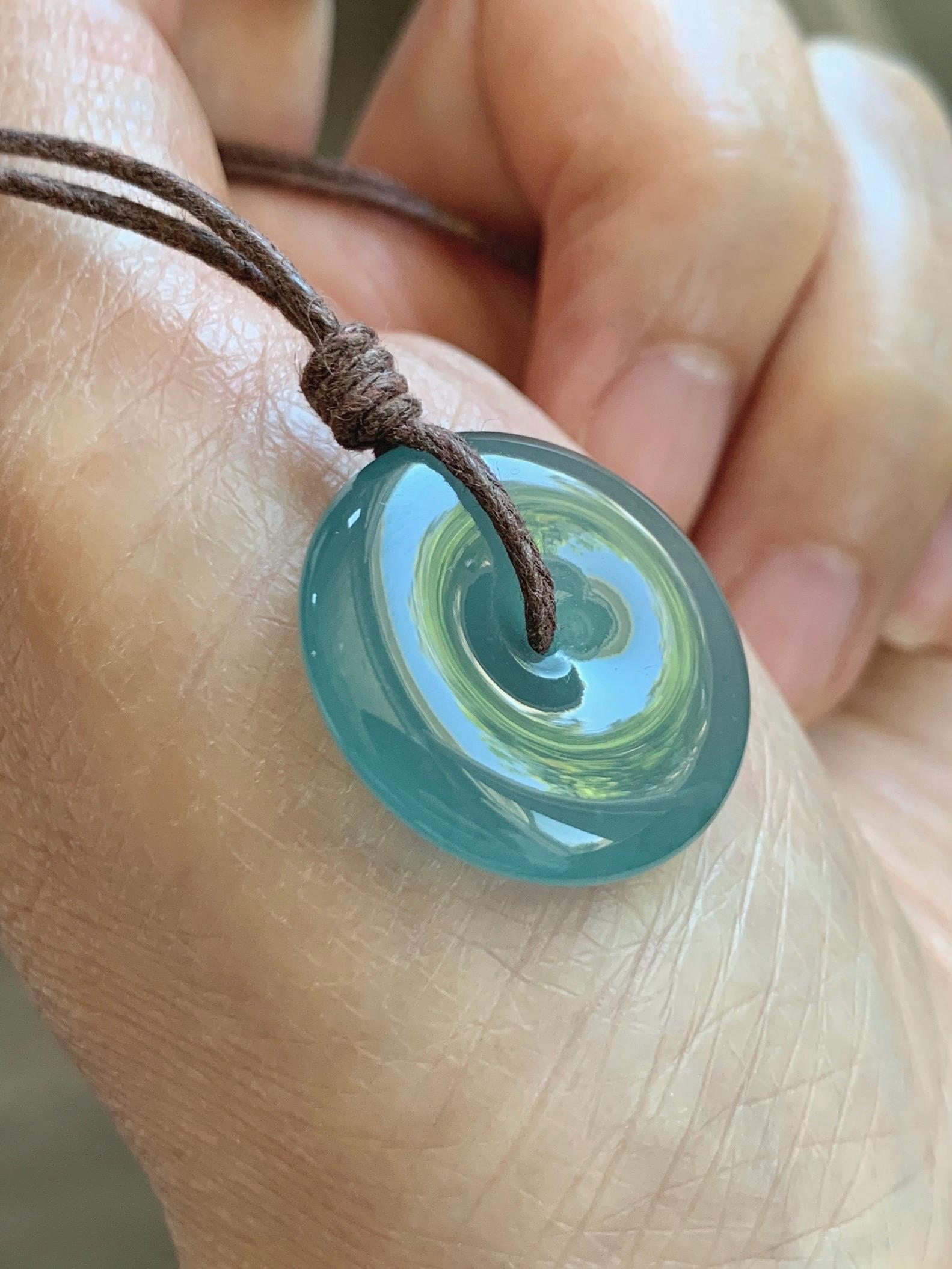 Natural Grade A Guatemalan Icy Highly Translucent Teal Jade Jadeite Ping An Kou Donut Pendant Rope Necklace 24" 6g 天然冰胶危蓝翡翠平安扣吊坠 WTB220