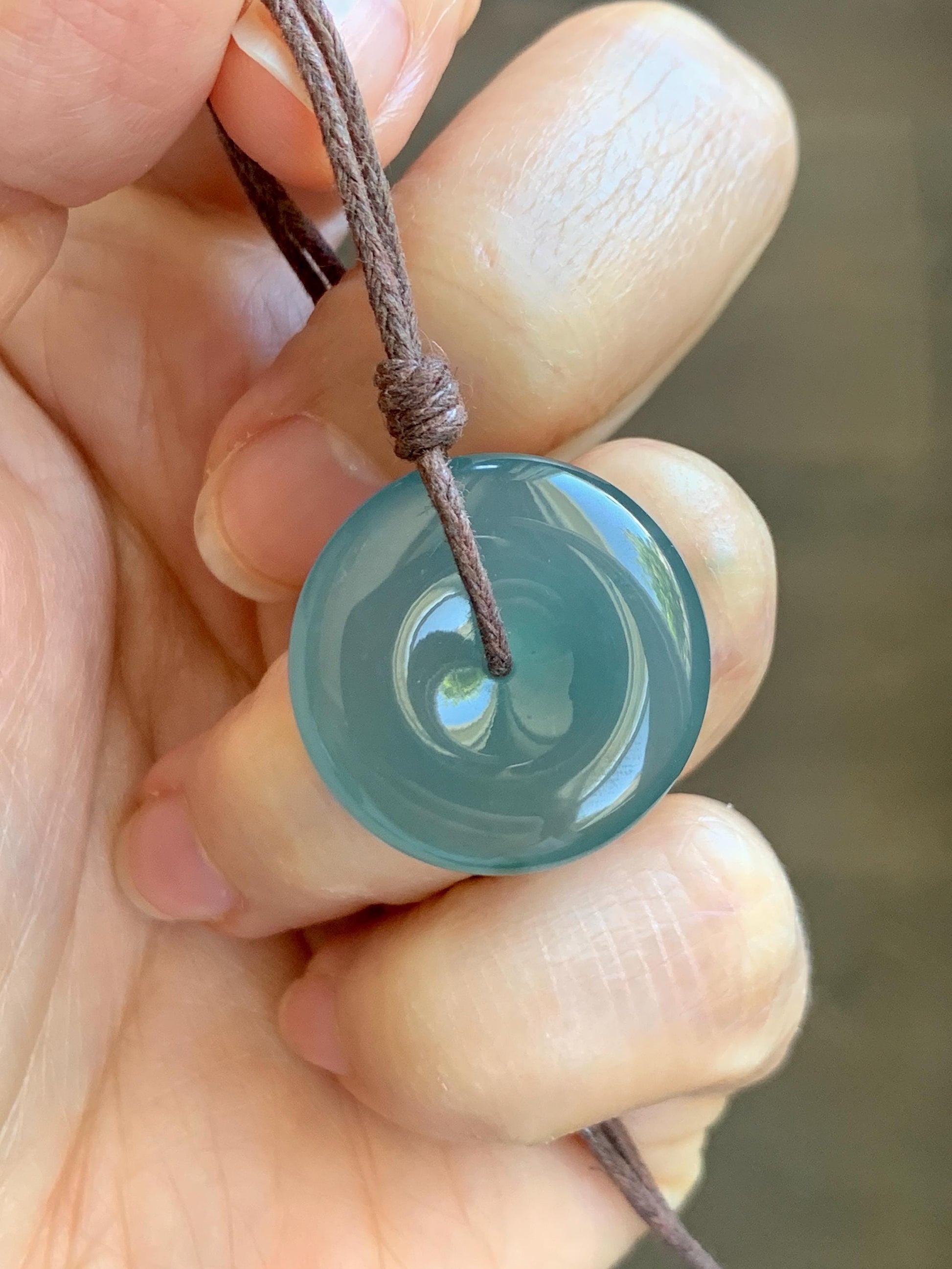 Natural Grade A Guatemalan Icy Highly Translucent Teal Jade Jadeite Ping An Kou Donut Pendant Rope Necklace 24" 6g 天然冰胶危蓝翡翠平安扣吊坠 WTB220