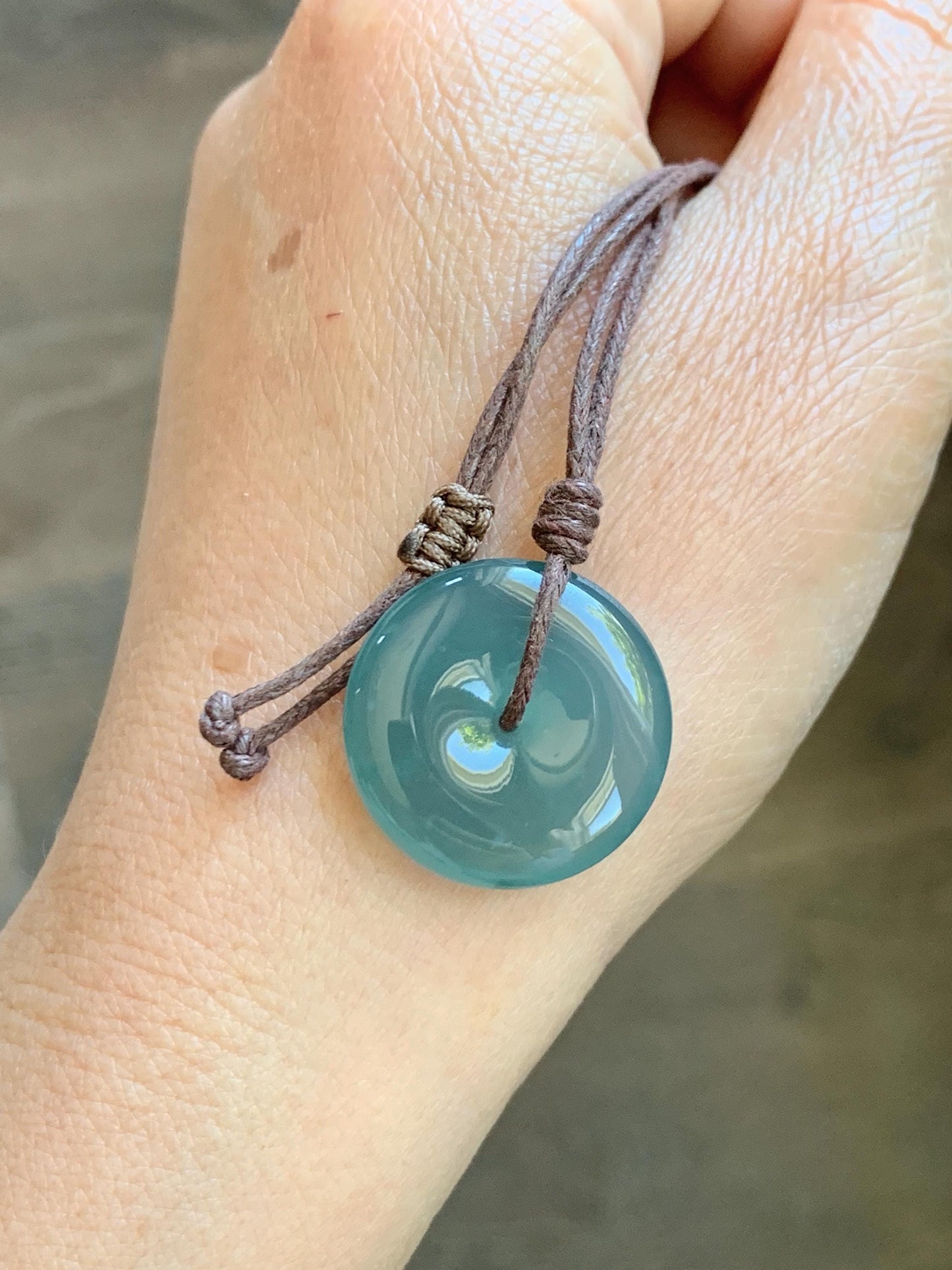 Natural Grade A Guatemalan Icy Highly Translucent Teal Jade Jadeite Ping An Kou Donut Pendant Rope Necklace 24" 6g 天然冰胶危蓝翡翠平安扣吊坠 WTB220