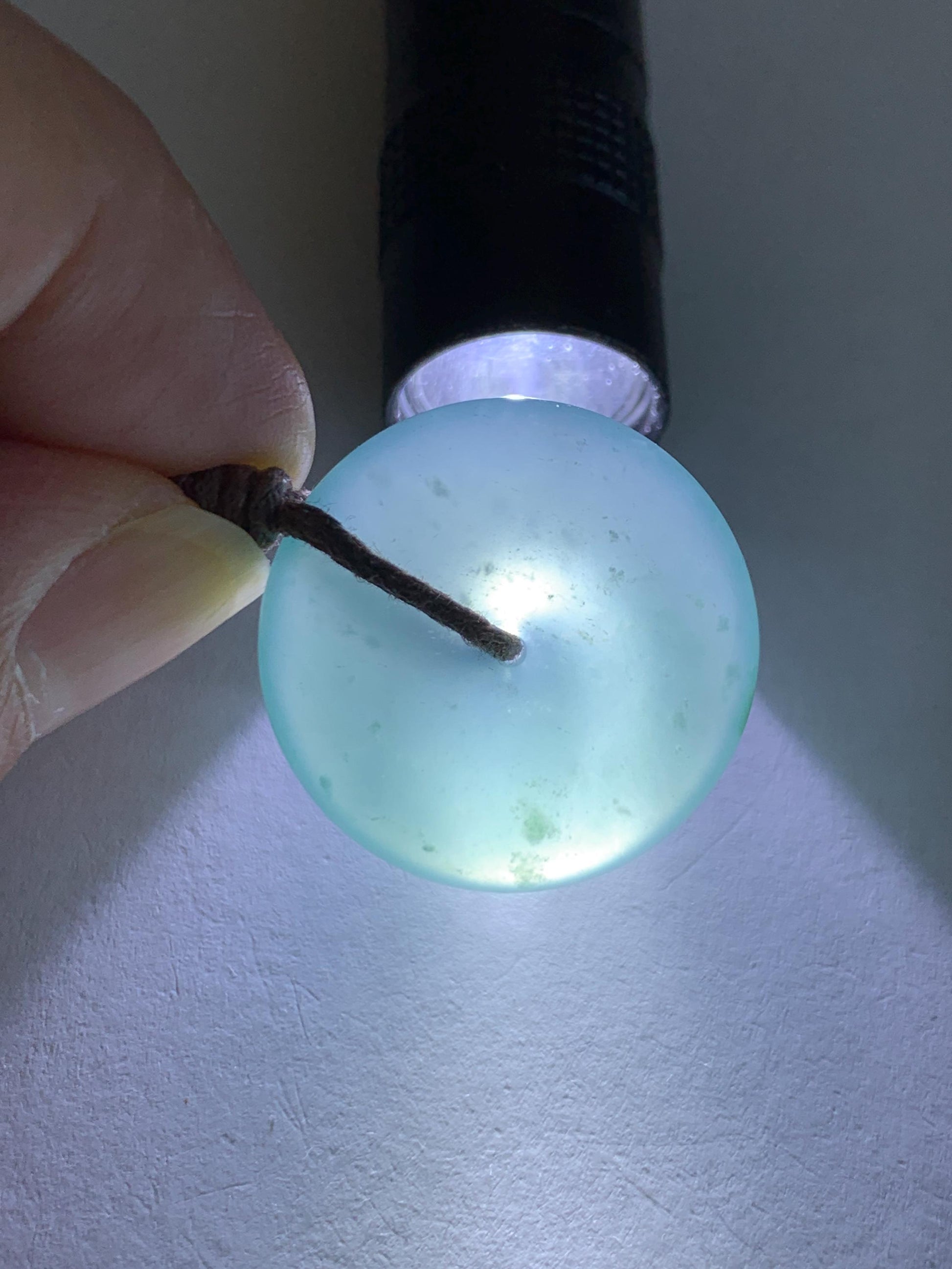 Natural Grade A Guatemalan Icy Highly Translucent Teal Jade Jadeite Ping An Kou Donut Pendant Rope Necklace 24" 6g 天然冰胶危蓝翡翠平安扣吊坠 WTB220