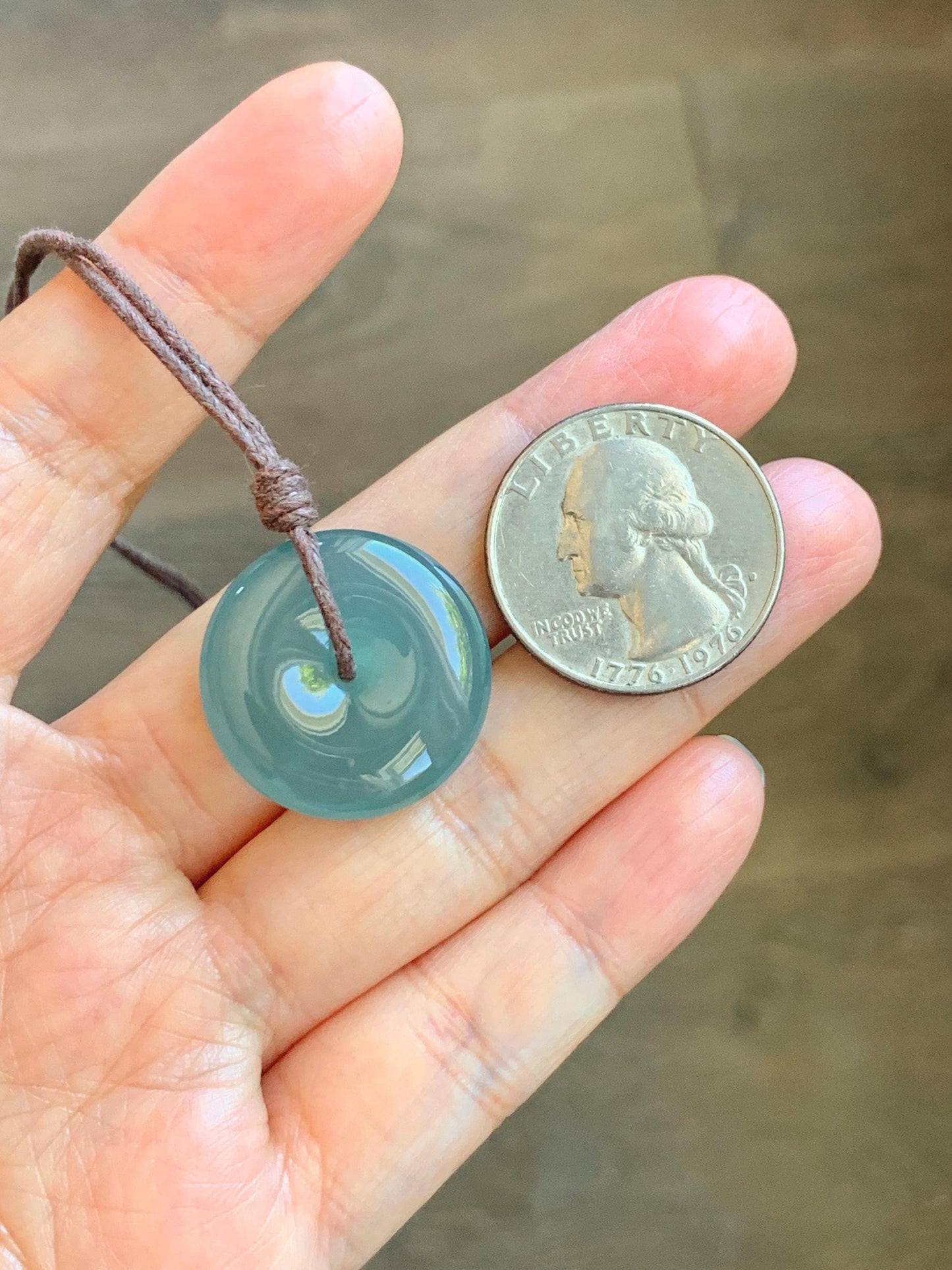 Natural Grade A Guatemalan Icy Highly Translucent Teal Jade Jadeite Ping An Kou Donut Pendant Rope Necklace 24" 6g 天然冰胶危蓝翡翠平安扣吊坠 WTB220