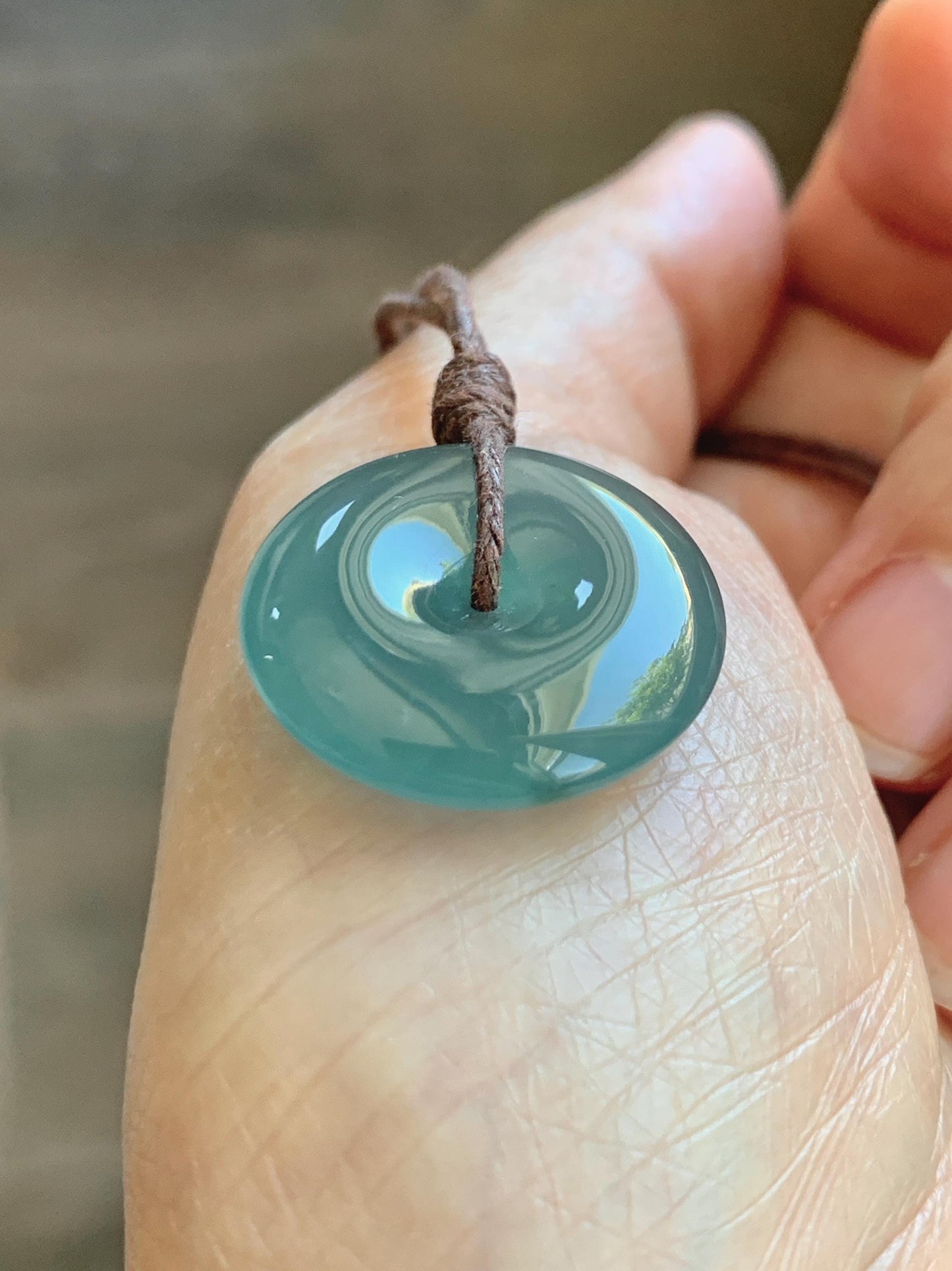 Natural Grade A Guatemalan Icy Highly Translucent Teal Jade Jadeite Ping An Kou Donut Pendant Rope Necklace 24" 6g 天然冰胶危蓝翡翠平安扣吊坠 WTB220
