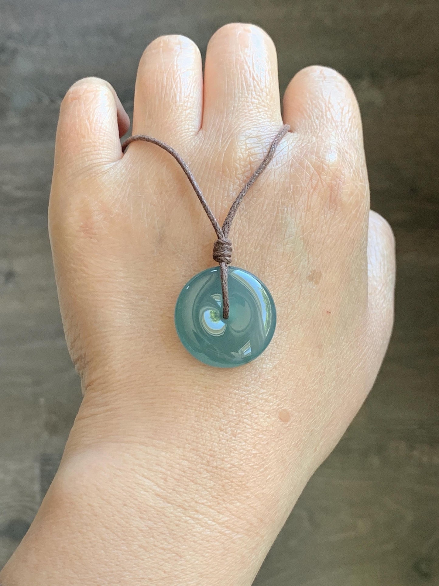 Natural Grade A Guatemalan Icy Highly Translucent Teal Jade Jadeite Ping An Kou Donut Pendant Rope Necklace 24" 6g 天然冰胶危蓝翡翠平安扣吊坠 WTB220