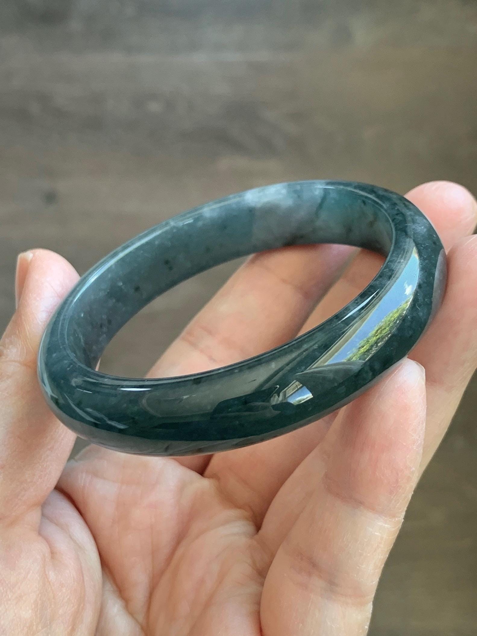 Certified Natural Grade A Guatemalan Icy Translucent Dark Teal & Green Marbled Jade Jadeite Wide Bangle 53.6mm 6.6” 44g 天然冰危深蓝飘花翡翠正圈宽版手镯 500