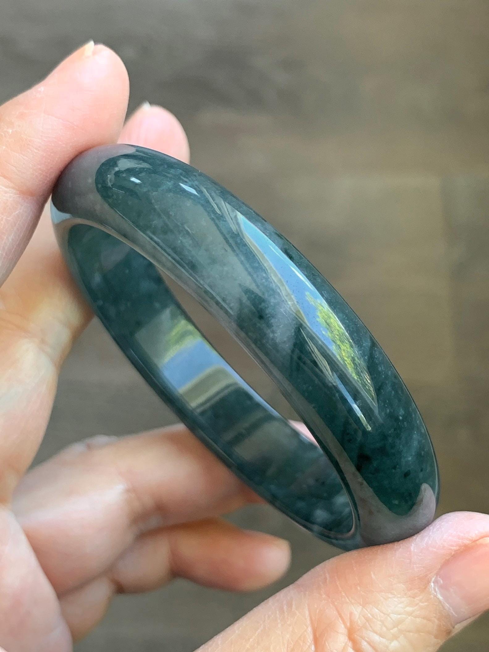 Certified Natural Grade A Guatemalan Icy Translucent Dark Teal & Green Marbled Jade Jadeite Wide Bangle 53.6mm 6.6” 44g 天然冰危深蓝飘花翡翠正圈宽版手镯 500