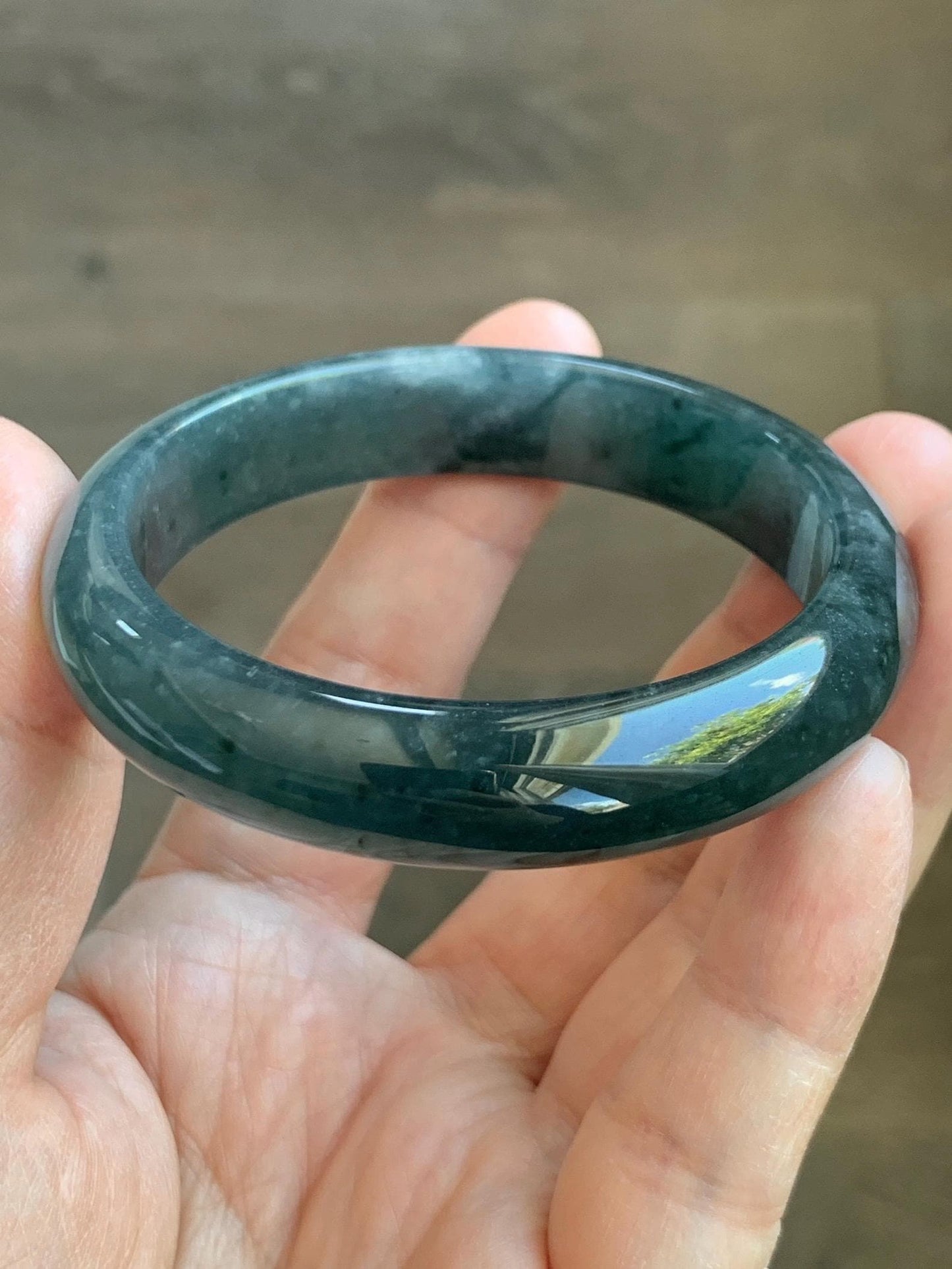 Certified Natural Grade A Guatemalan Icy Translucent Dark Teal & Green Marbled Jade Jadeite Wide Bangle 53.6mm 6.6” 44g 天然冰危深蓝飘花翡翠正圈宽版手镯 500