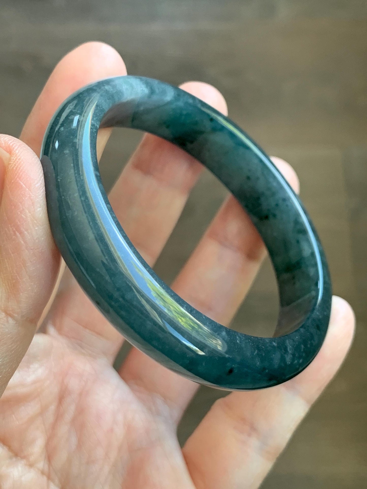Certified Natural Grade A Guatemalan Icy Translucent Dark Teal & Green Marbled Jade Jadeite Wide Bangle 53.6mm 6.6” 44g 天然冰危深蓝飘花翡翠正圈宽版手镯 500