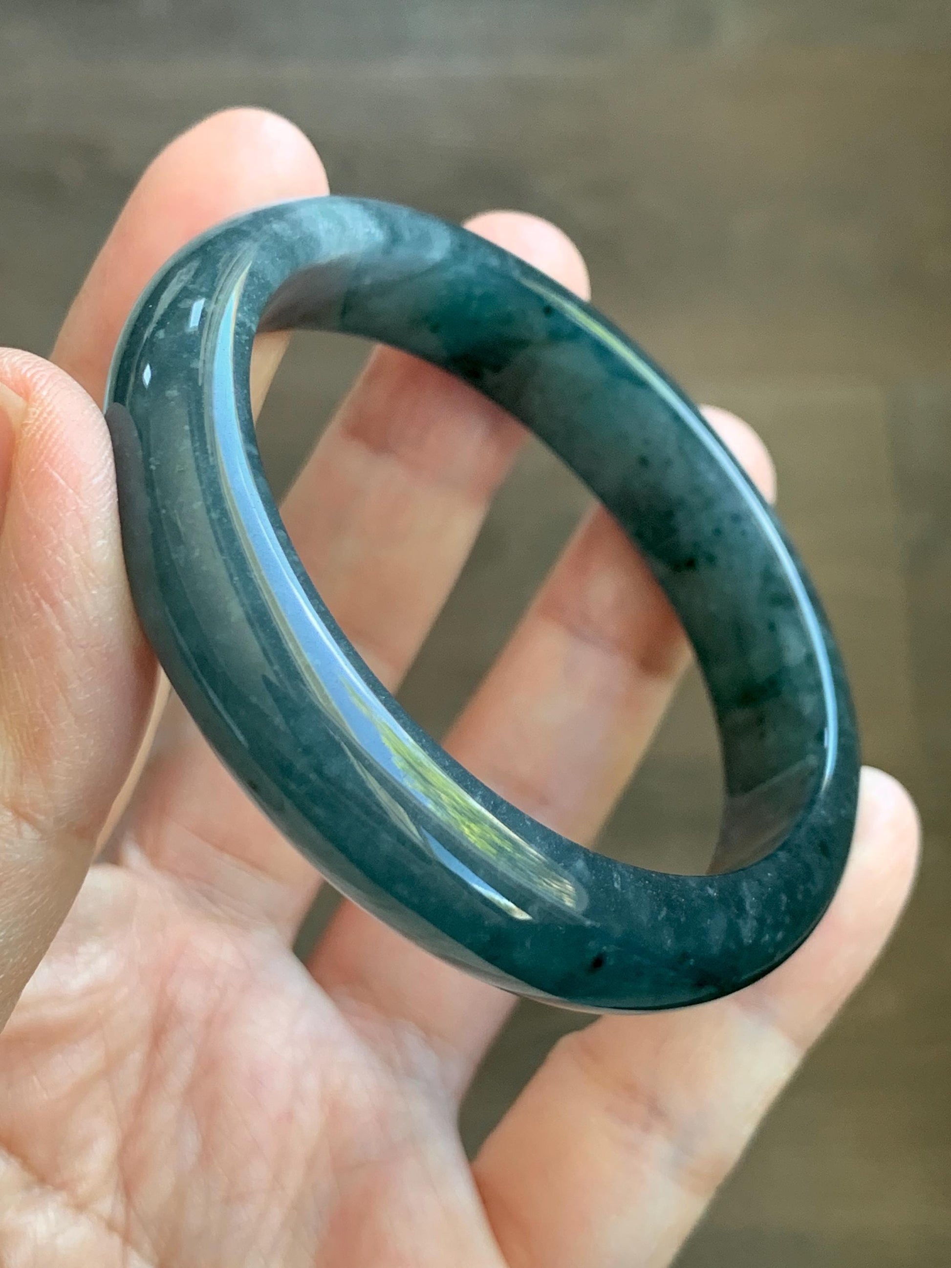 Certified Natural Grade A Guatemalan Icy Translucent Dark Teal & Green Marbled Jade Jadeite Wide Bangle 53.6mm 6.6” 44g 天然冰危深蓝飘花翡翠正圈宽版手镯 500