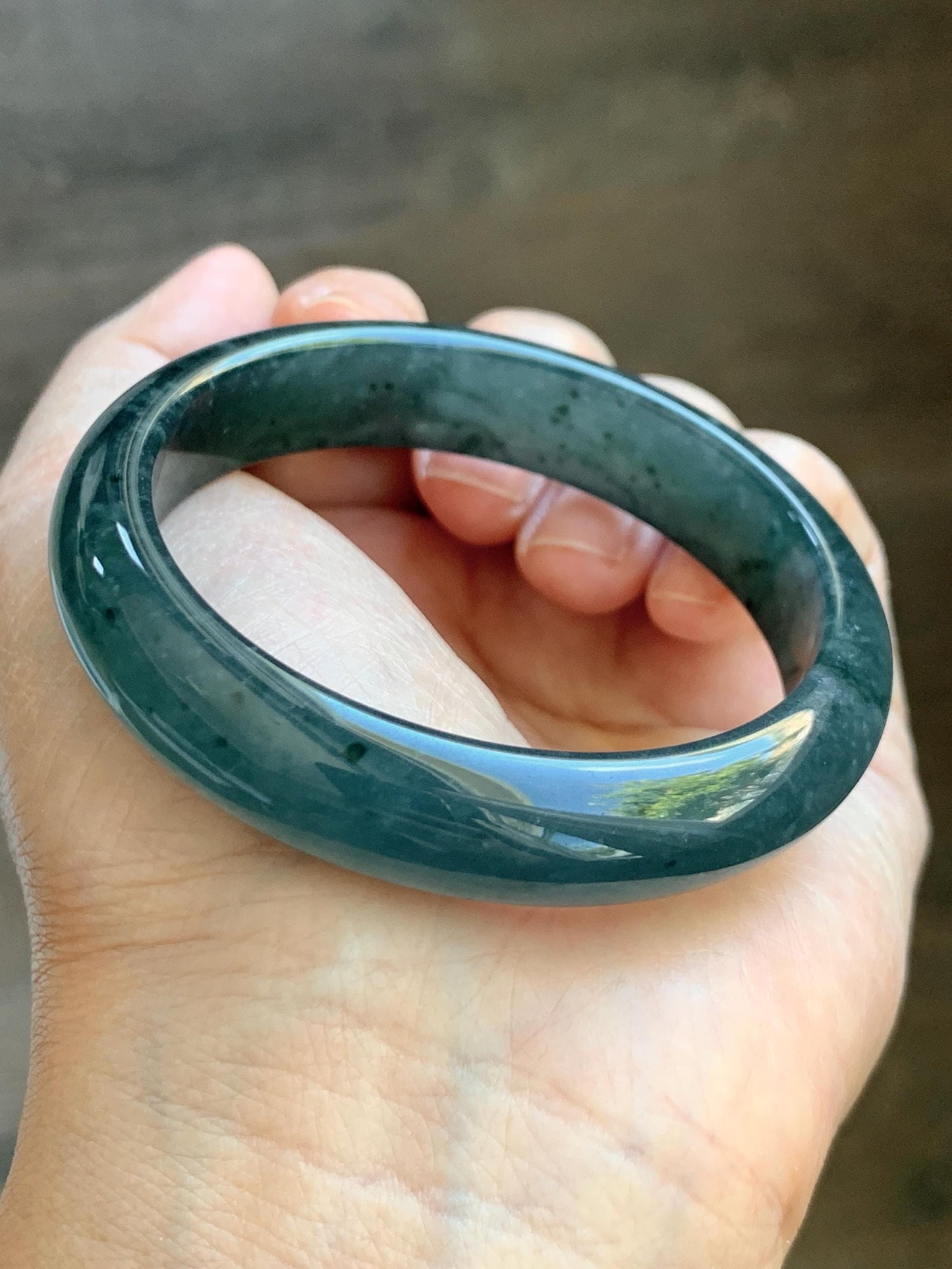 Certified Natural Grade A Guatemalan Icy Translucent Dark Teal & Green Marbled Jade Jadeite Wide Bangle 53.6mm 6.6” 44g 天然冰危深蓝飘花翡翠正圈宽版手镯 500