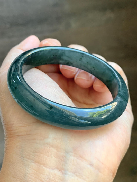 Certified Natural Grade A Guatemalan Icy Translucent Dark Teal & Green Marbled Jade Jadeite Wide Bangle 53.6mm 6.6” 44g 天然冰危深蓝飘花翡翠正圈宽版手镯 500