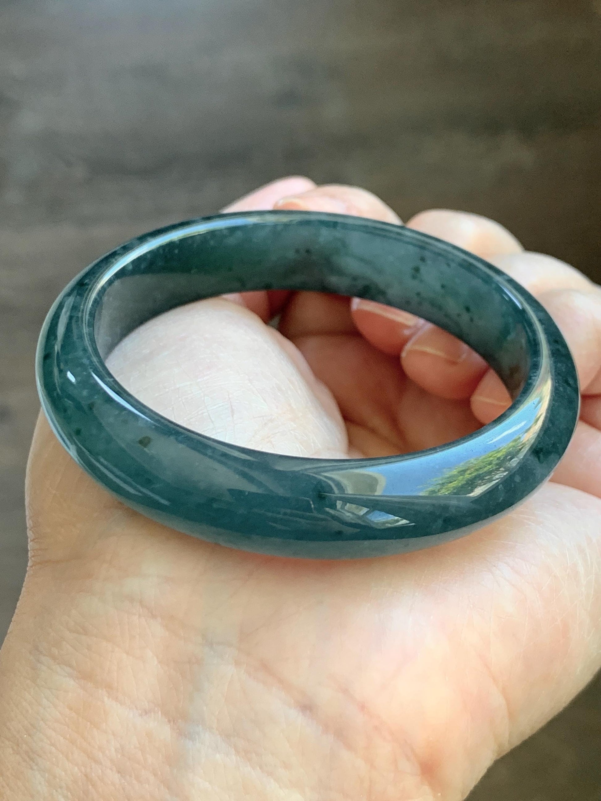 Certified Natural Grade A Guatemalan Icy Translucent Dark Teal & Green Marbled Jade Jadeite Wide Bangle 53.6mm 6.6” 44g 天然冰危深蓝飘花翡翠正圈宽版手镯 500