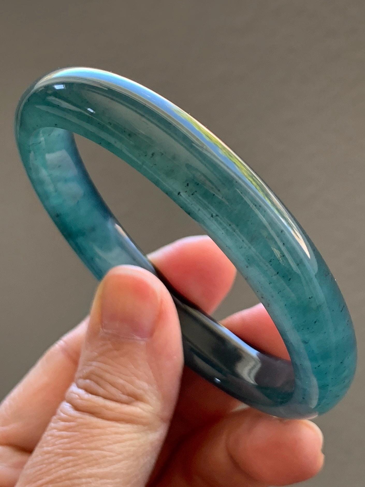 Certified Natural Grade A Guatemalan Icy Translucent Intense Teal Blue Jade Jadeite Wide Bangle 58.6mm 7.24” 43g 天然冰危深蓝翡翠正圈宽版手镯 512