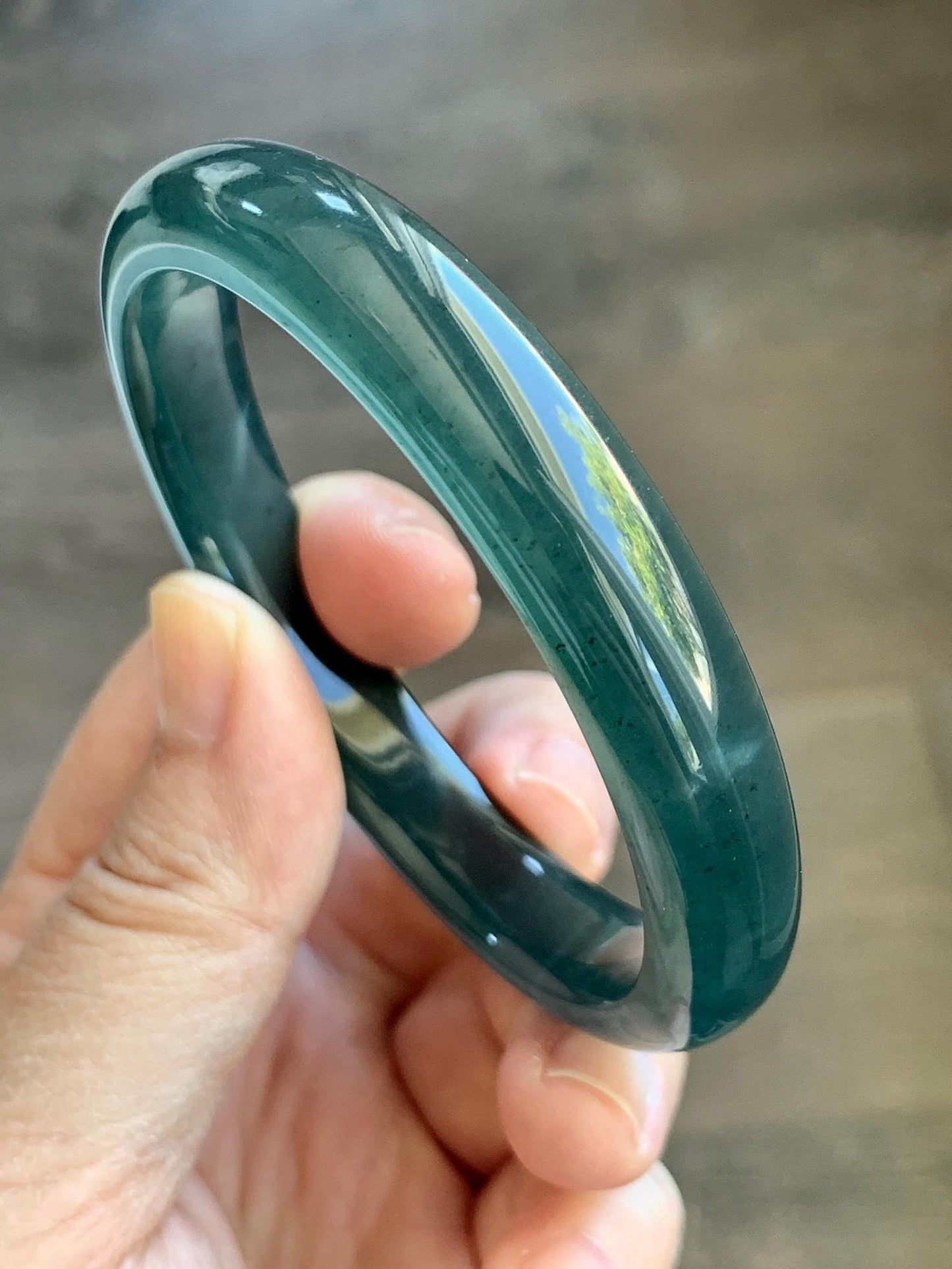 Certified Natural Grade A Guatemalan Icy Translucent Intense Teal Blue Jade Jadeite Wide Bangle 58.6mm 7.24” 43g 天然冰危深蓝翡翠正圈宽版手镯 512