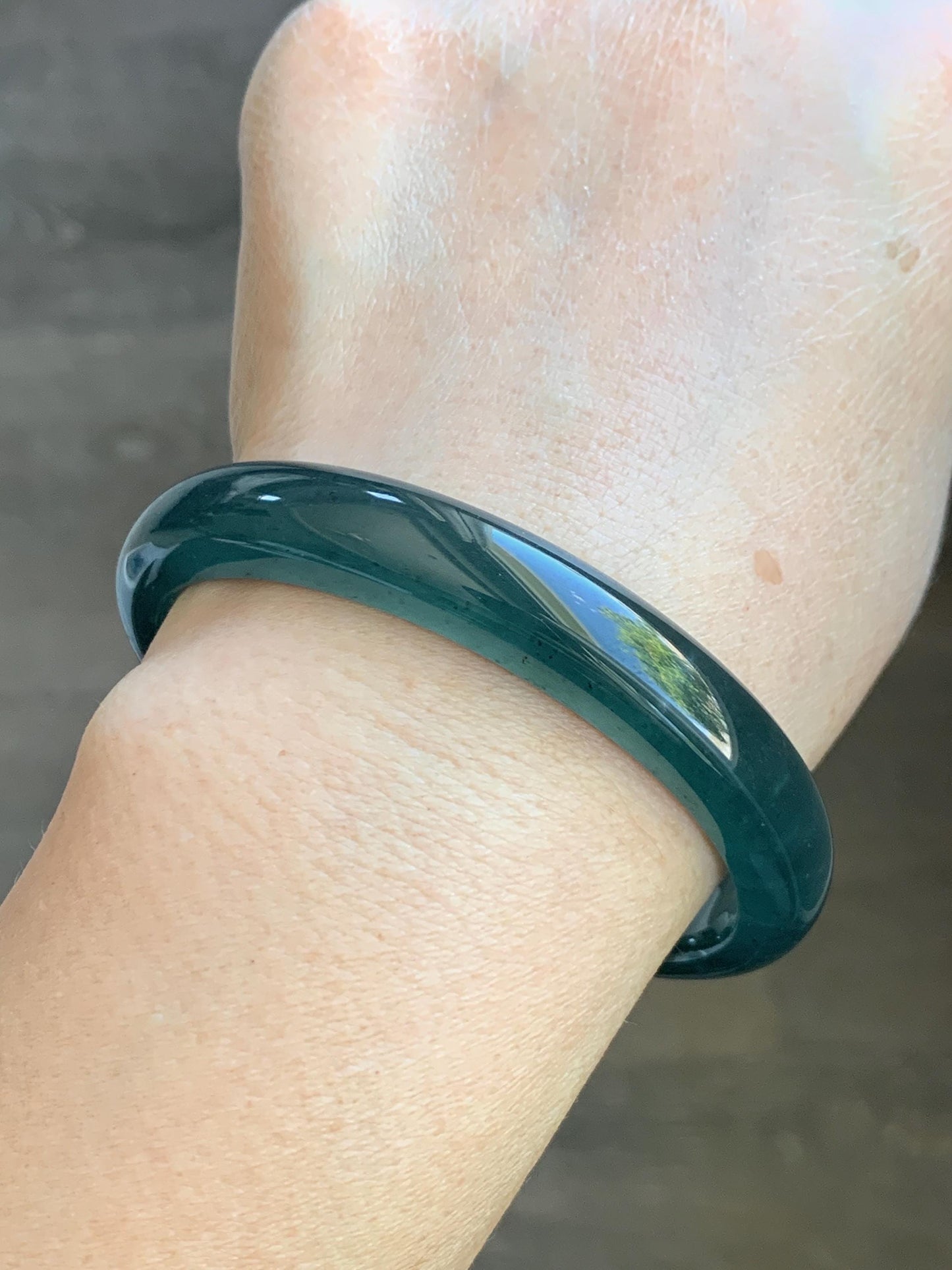 Certified Natural Grade A Guatemalan Icy Translucent Intense Teal Blue Jade Jadeite Wide Bangle 58.6mm 7.24” 43g 天然冰危深蓝翡翠正圈宽版手镯 512