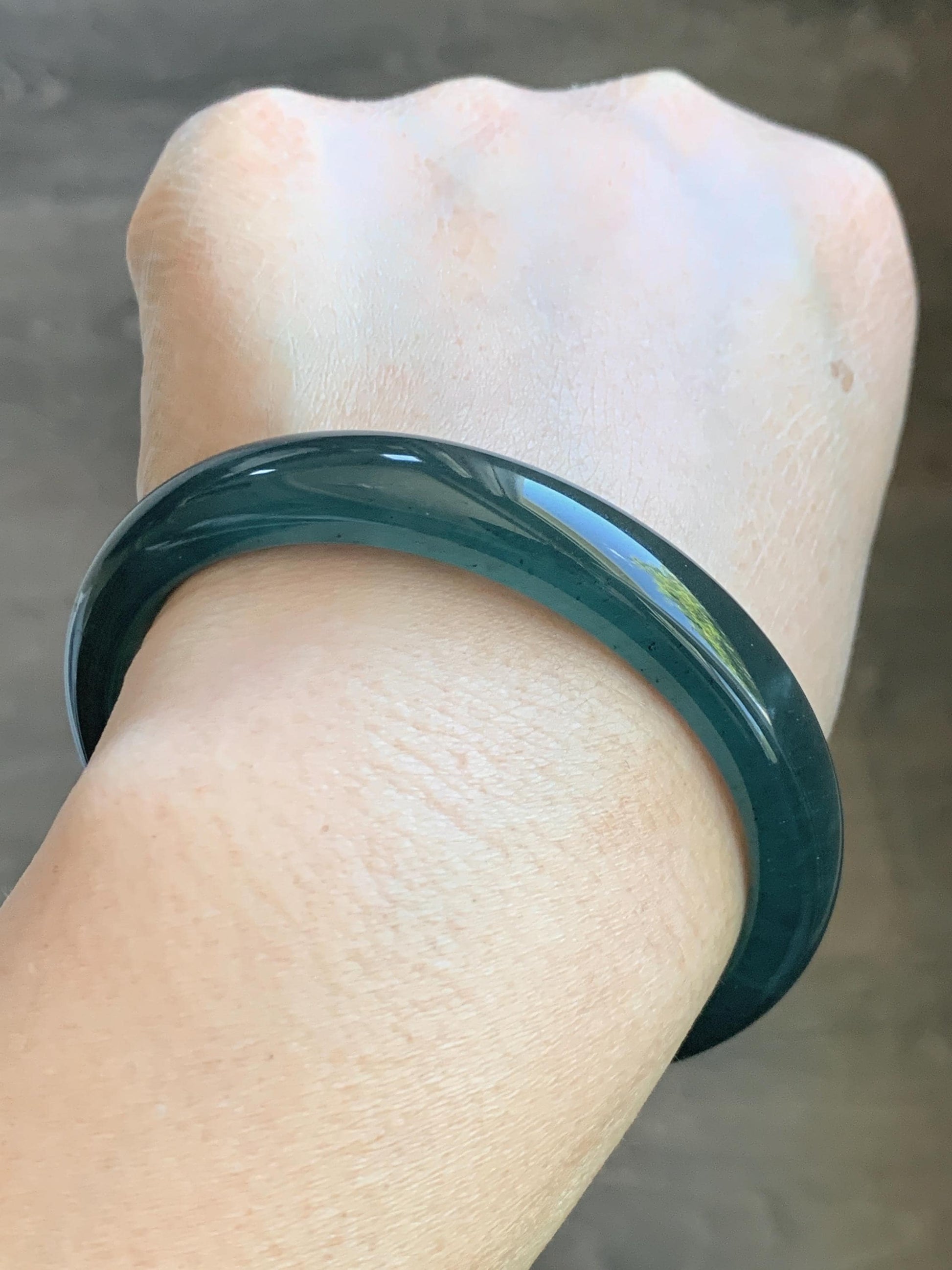 Certified Natural Grade A Guatemalan Icy Translucent Intense Teal Blue Jade Jadeite Wide Bangle 58.6mm 7.24” 43g 天然冰危深蓝翡翠正圈宽版手镯 512