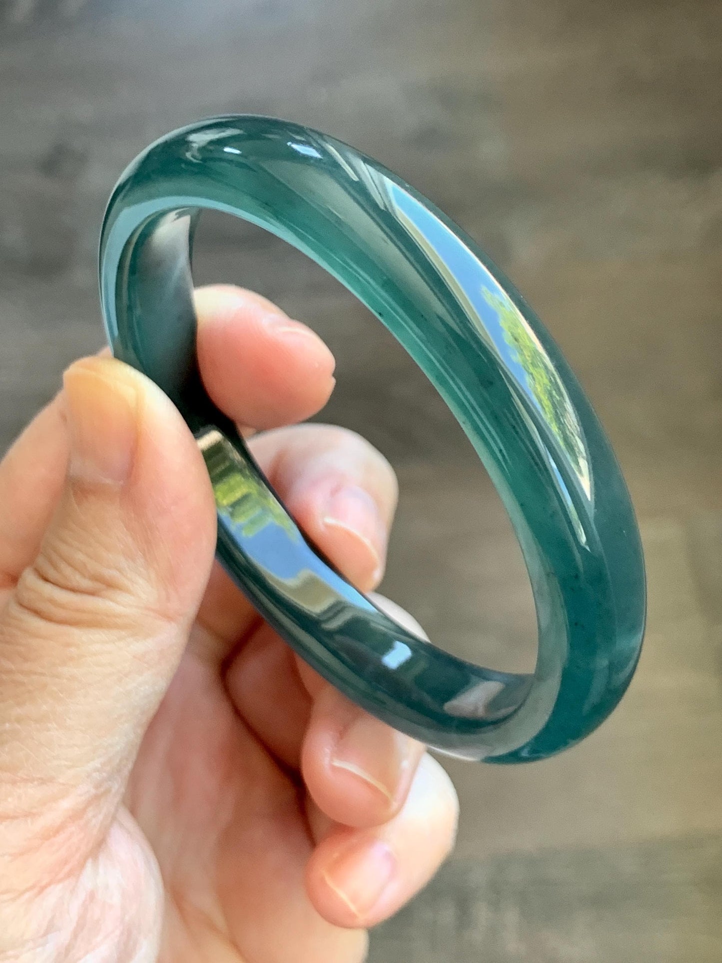 Certified Natural Grade A Guatemalan Icy Translucent Intense Teal Blue Jade Jadeite Wide Bangle 58.6mm 7.24” 43g 天然冰危深蓝翡翠正圈宽版手镯 512